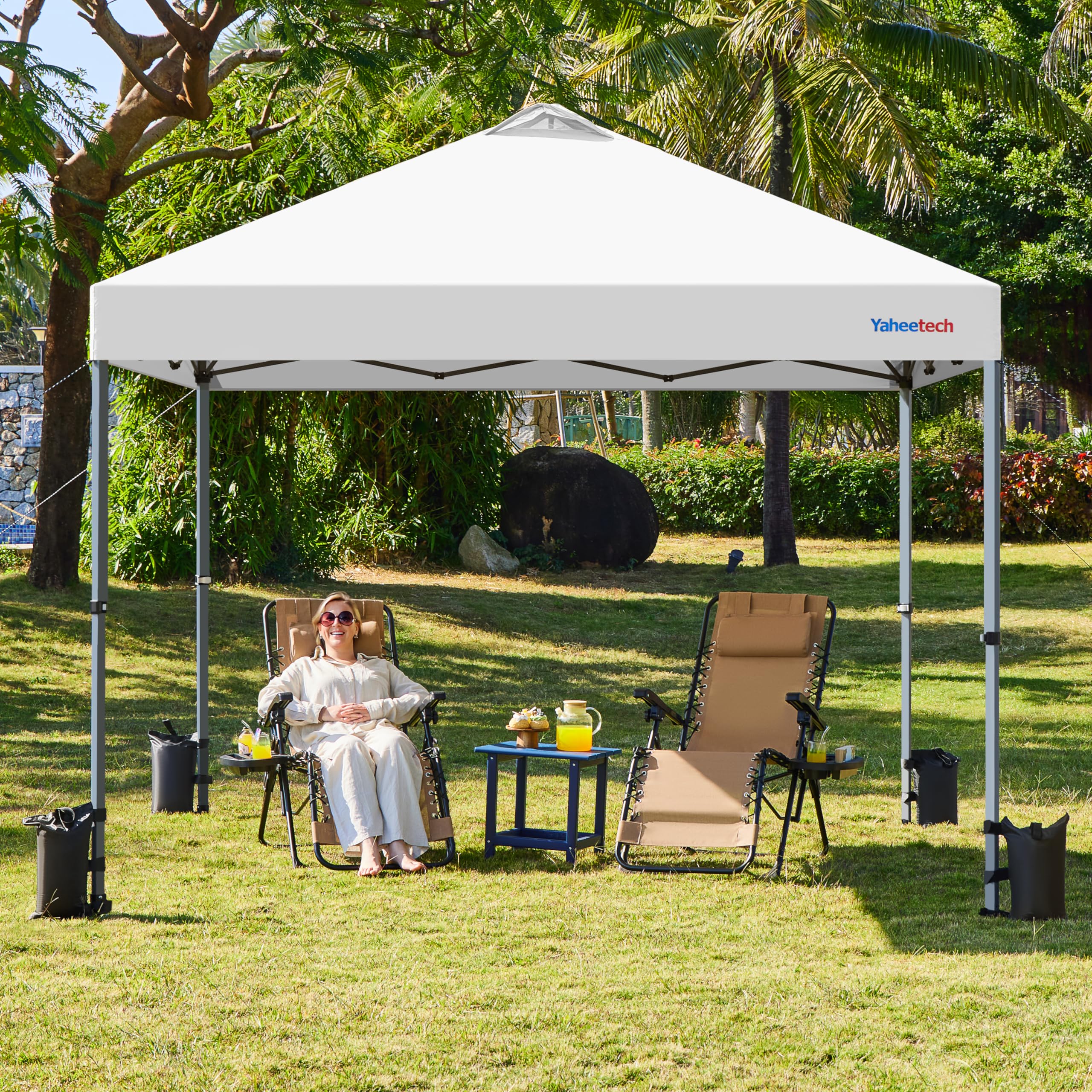 Yaheetech Carpa Pop-Up 3x3M con Ruedas, Cenador Altura Ajustable UPF 50+ con 1 Bolsa 4 Sacos de Arena 4 Cuerdas de Sujeción para Playa, Patio, Camping y Jardín (Blanco)