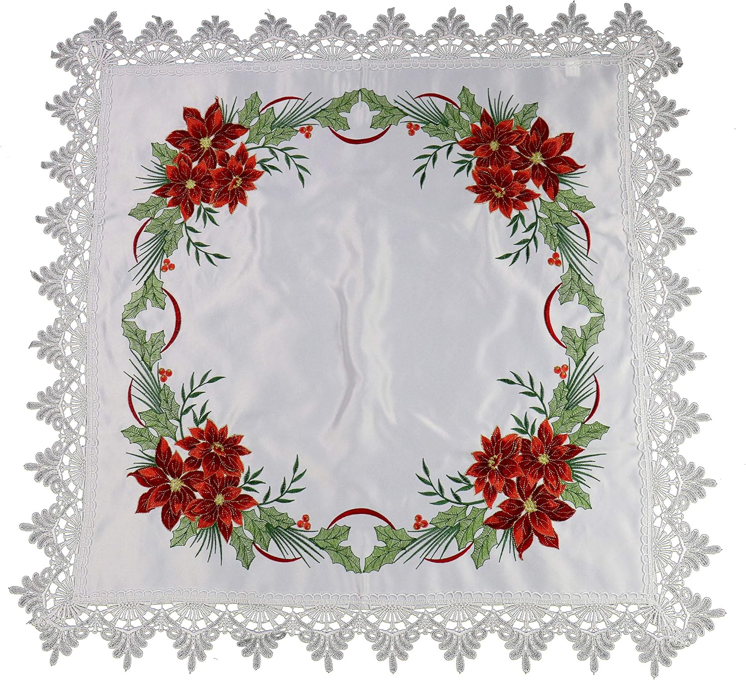 Marina Decoration Vintage Elegant Lace Embroidered Cutwork Kitchen Dining Tablecloth, Christmas Red Poinsettia with White Base 36 Inch Square for Small Coffee Tea Table and Nightstand