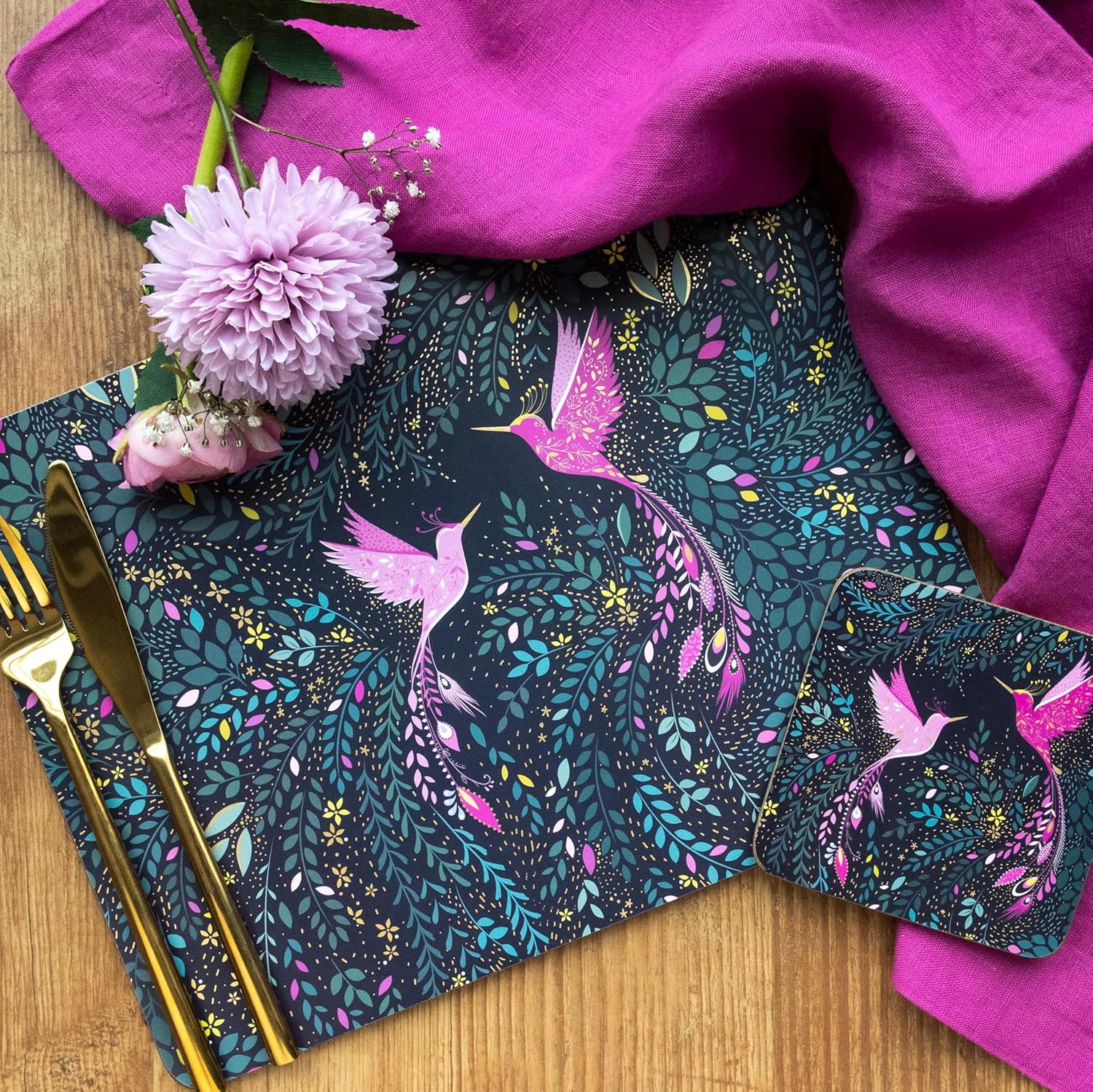 Pimpernel Sara Miller India Large Placemats, Set of 4 - Decorative MDF Dining Table Placemats with Cork Backing Featuring Hummingbird Paradise in Bold Blue & Magenta Tones - Great for Gatherings