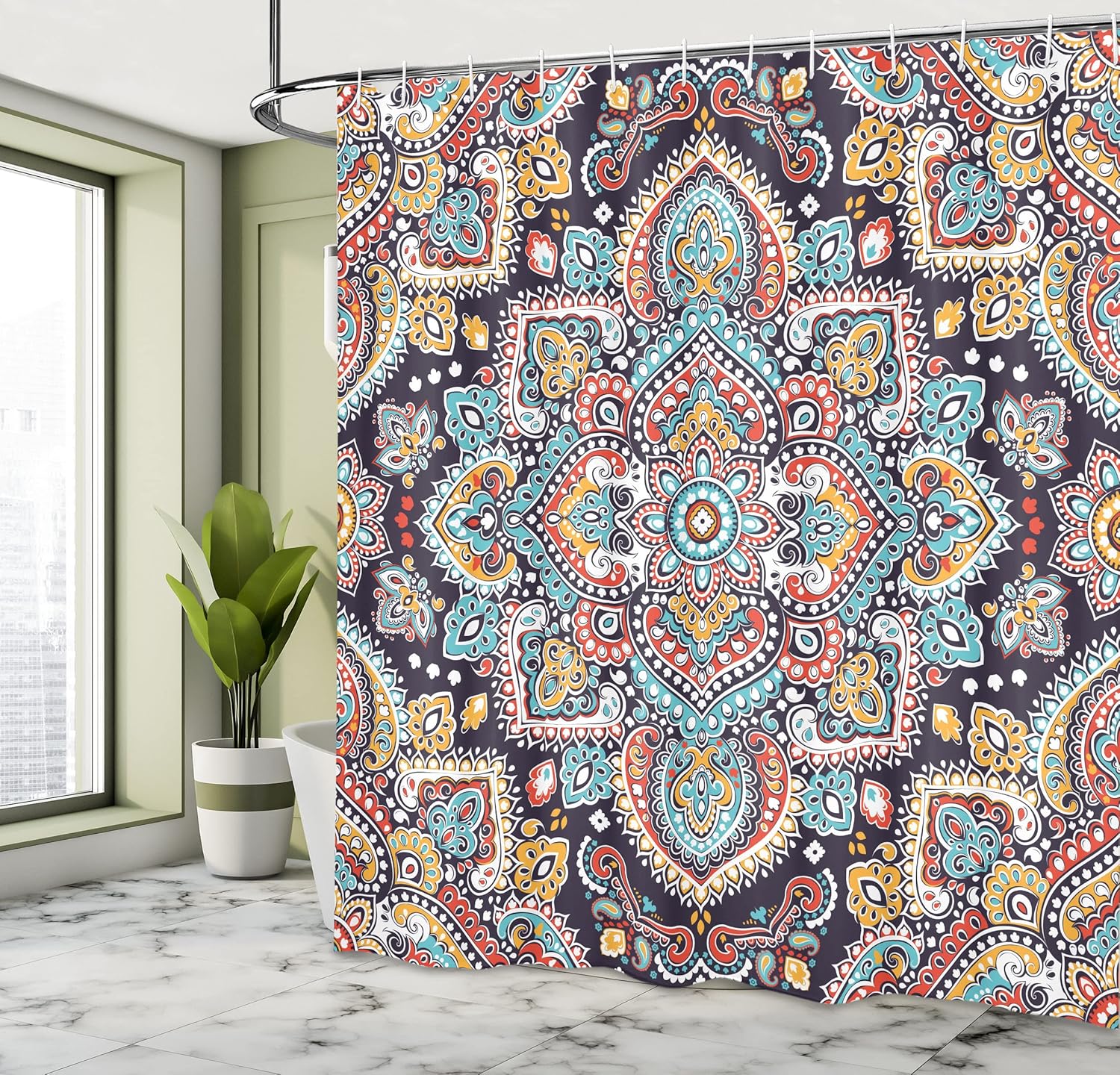 Ambesonne Ethnic Shower Curtain, Bohemian Style Motif Vintage Oriental Inspired Traditional Art, Cloth Fabric Bathroom Decor Set with Hooks, 69" W x 84" L, Navy Teal