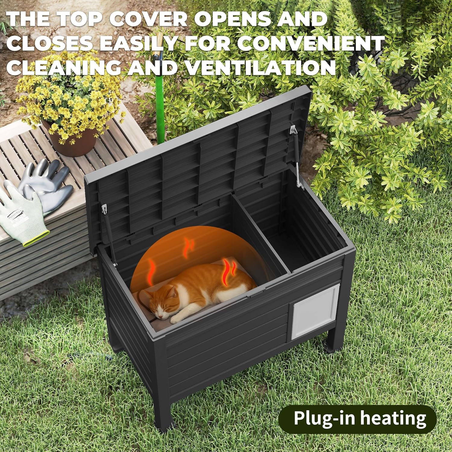 Outdoor Cat House Insulated,Feral Cat Enclosure Weatherproof with Raised Floor&Windscreen,Resin Insulated Cat House for Winter,for Feral Cats, Rabbits, Small Animals(Black,with Cushion)