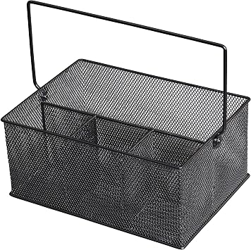 YBM HOME Mesh Basket Utensil Holder & Picnic Silverware Caddy Organizer with Four Compartments and Napkin Storage, Black