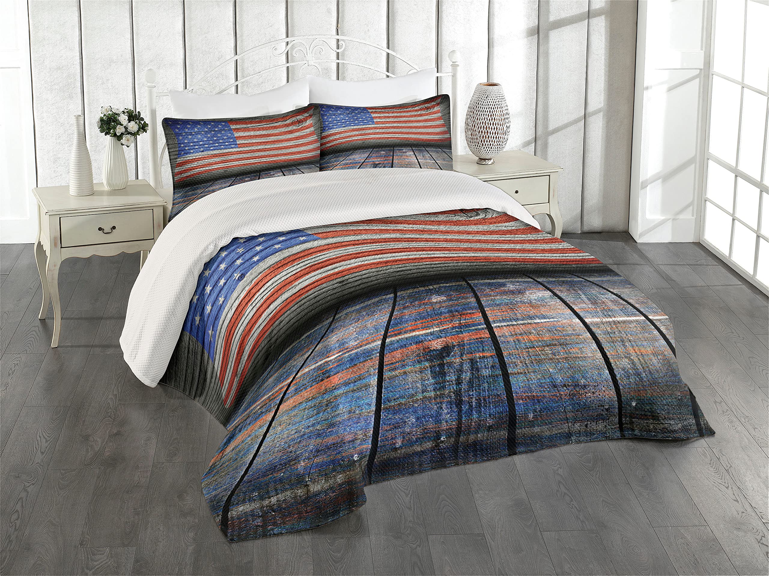 Ambesonne USA Coverlet, Fourth of July Independence Day Wooden Rustic Floor Log View Wall Rippled Image, 3 Piece Decorative Quilted Bedspread Set with 2 Pillow Shams, Queen Size, Blue Red Umber