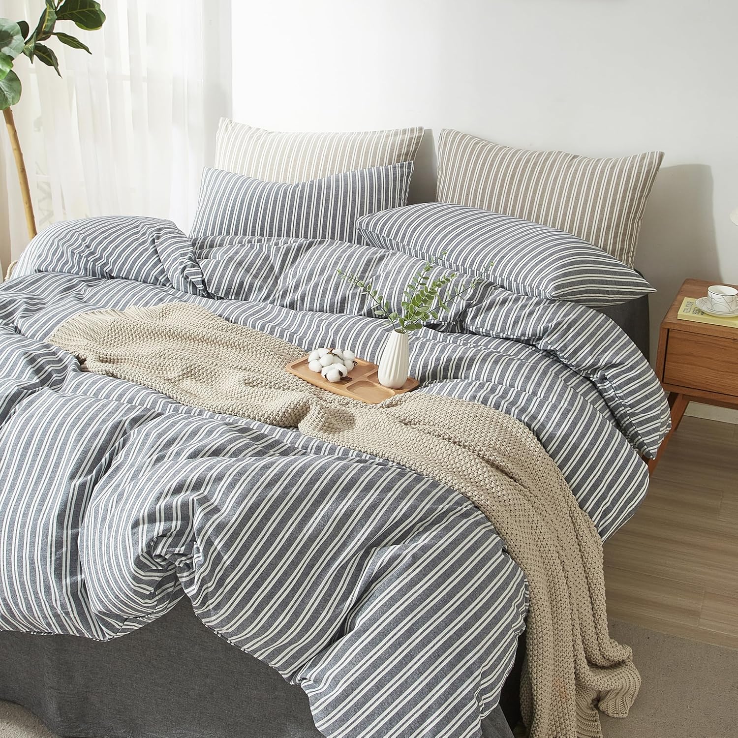 Striped Duvet Cover Set King Size 100% Washed Cotton Linen Touch Natural Wrinkle Comfortable Breathable Durable Bedding (King, Double Stripe-Navy Blue/White) - Image 6