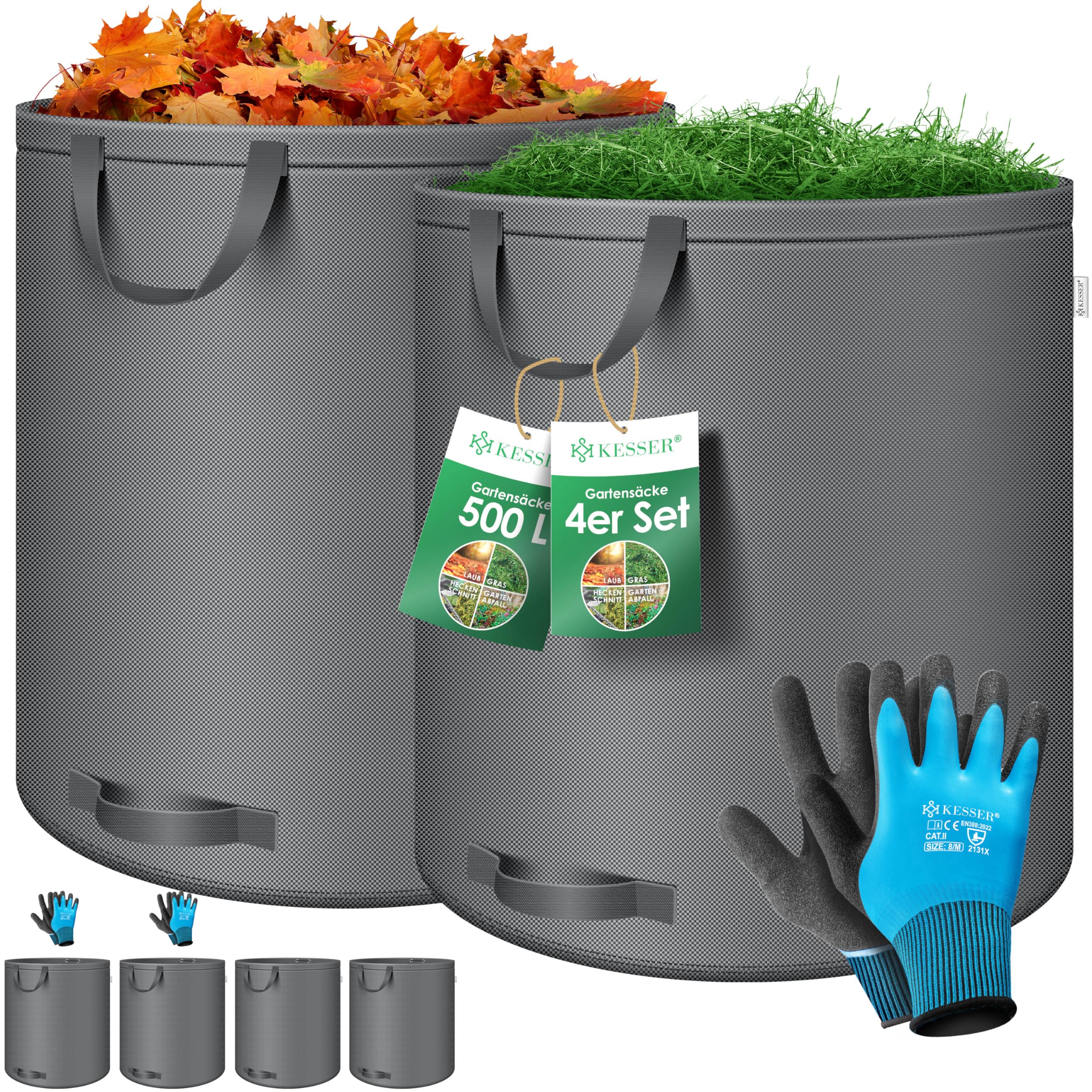 KESSER® Gartensack 4x 500L Set Laubsack Gartenabfallsack inkl. Handschuhe - Selbststehend 4 Griffe Stabil Robust & Faltbar - Laubsäcke Rasenschnitt Gartensäcke für Gartenabfälle Grünschnitt Anthrazit