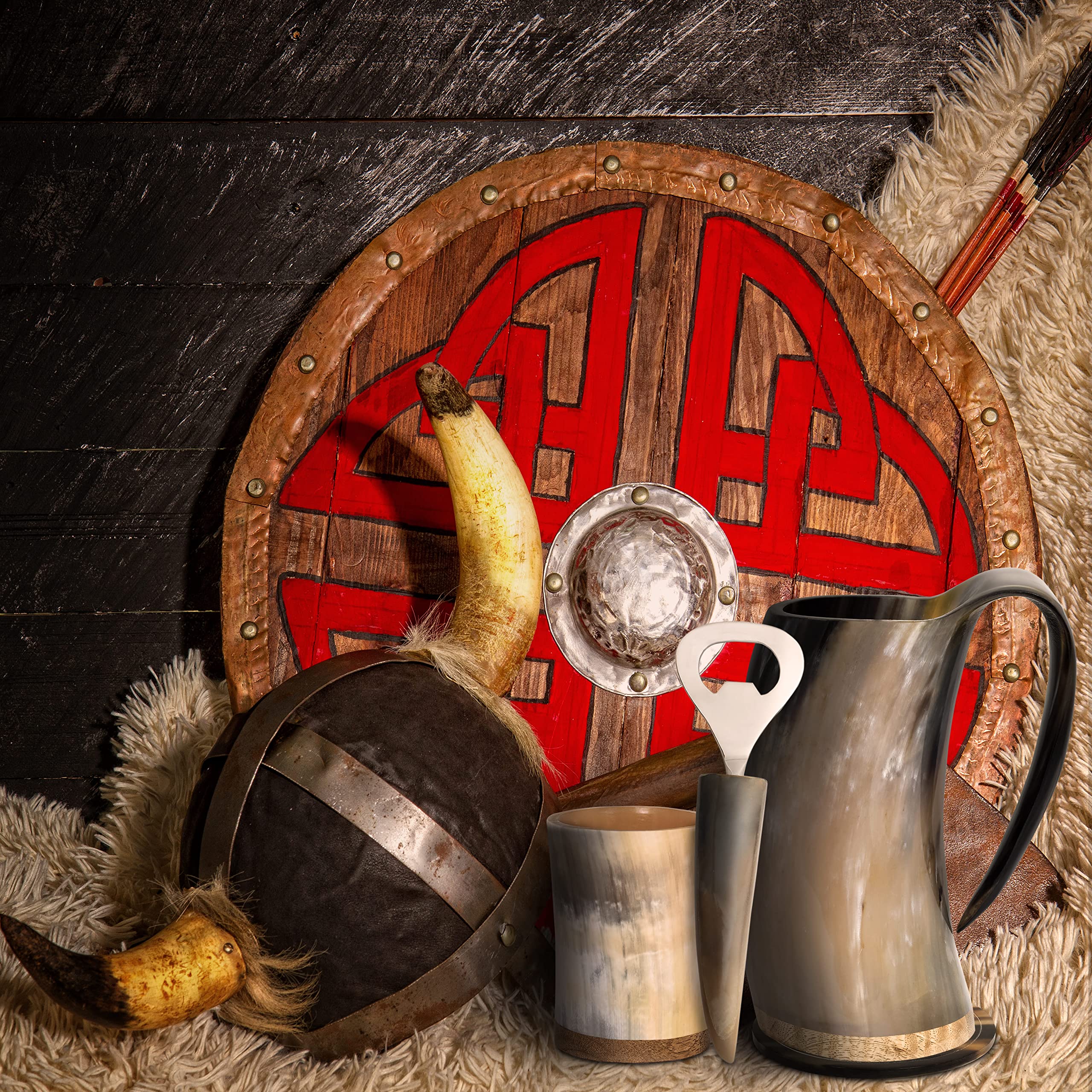 Boccale da birra in autentico corno vichingo, bicchierino, apribottiglie e sottobicchiere (set da 4 pezzi) | Boccale da birra medievale autentico | Sacco di iuta incluso