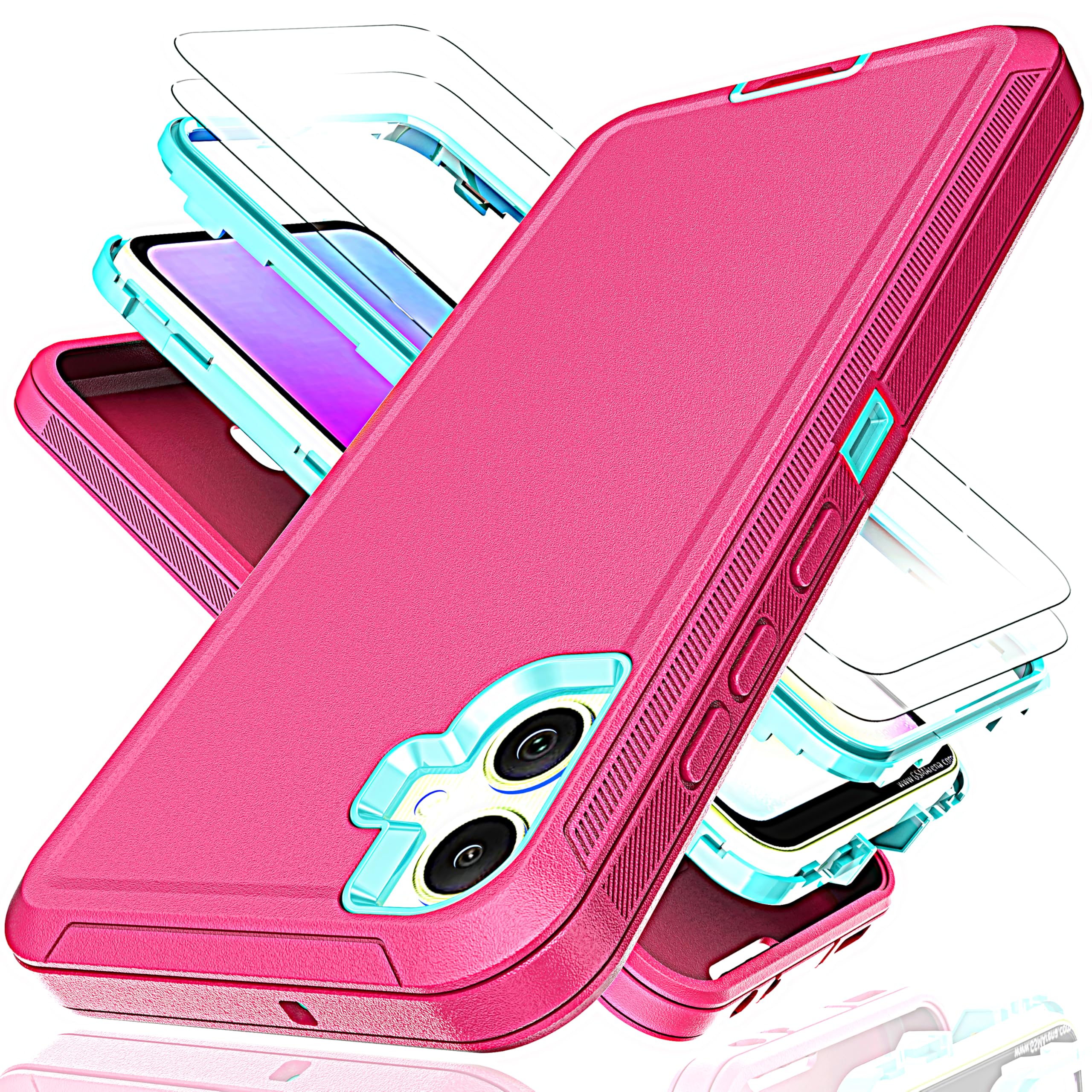 KaiMai for Galaxy A05 Case with Explosion-Proof Film[2 Pack],3 in 1 Shockproof TPU Hard PC Bumper Drop-Proof Shell for Samsung Galaxy A05 Pink/Sky