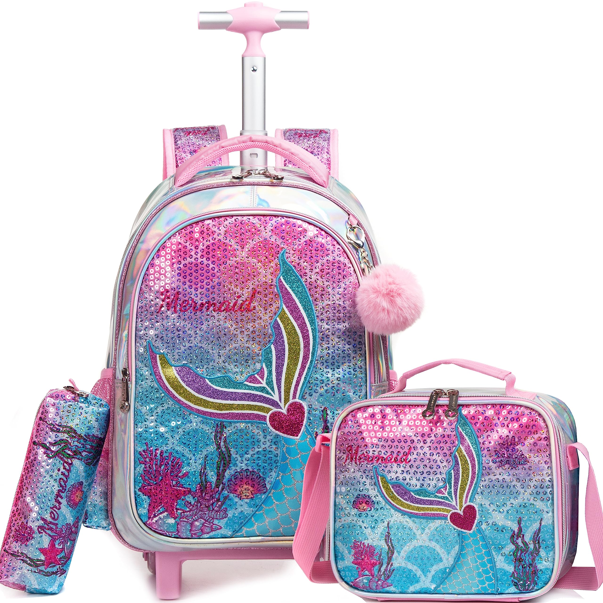 Meetbelify Mermaid Backpack with Wheels for Girls Rolling Backpack for Elementary Student Kids School Bag with Wheels Travel Luggage for Girls Age 6-8