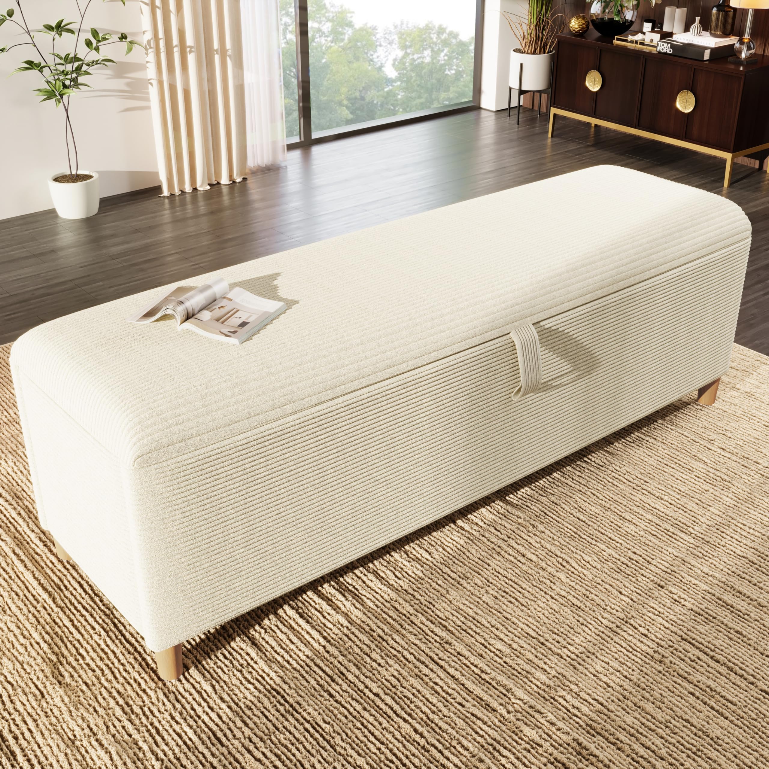 Merax Sitzbank mit Stauraum 145cm, Bettbank Polsterbank Fußbank, Mit Gasdruckfeder hochklappen, Aufbewahrungsbox mit stabilen Holzbeinen, Sofabank fur Flur, Schlafzimmer, Wohnzimmer, Cord-Optik, Beige