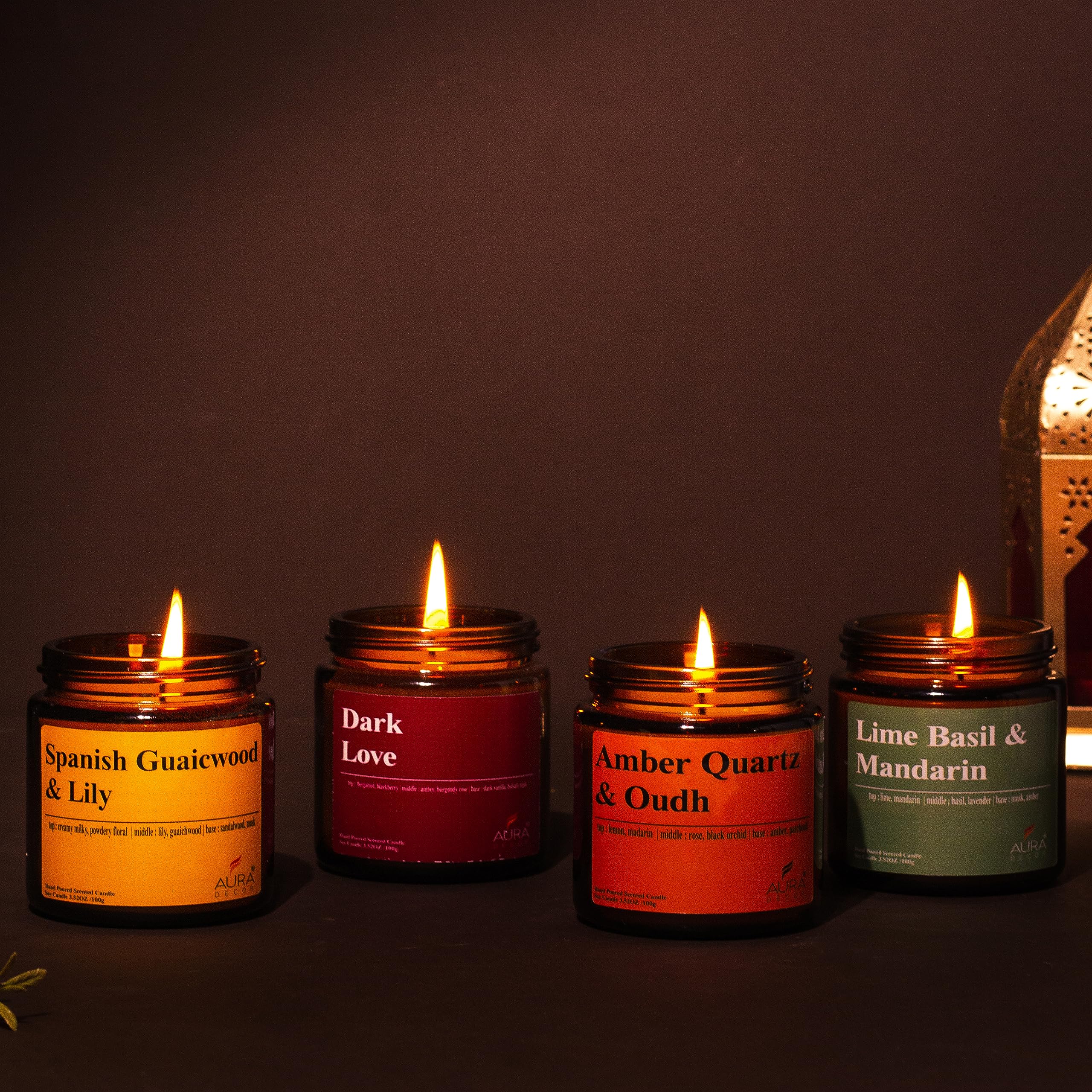 AuraDecor Scented Soy Wax Amber Jar Candle Set of 4, Organic Luxury Aroma, Aromatic/Aromatherapy Votive Candle || Burning Time Upto 30 Hours (Aromatherapy, Gift Set (Type 1)) 3