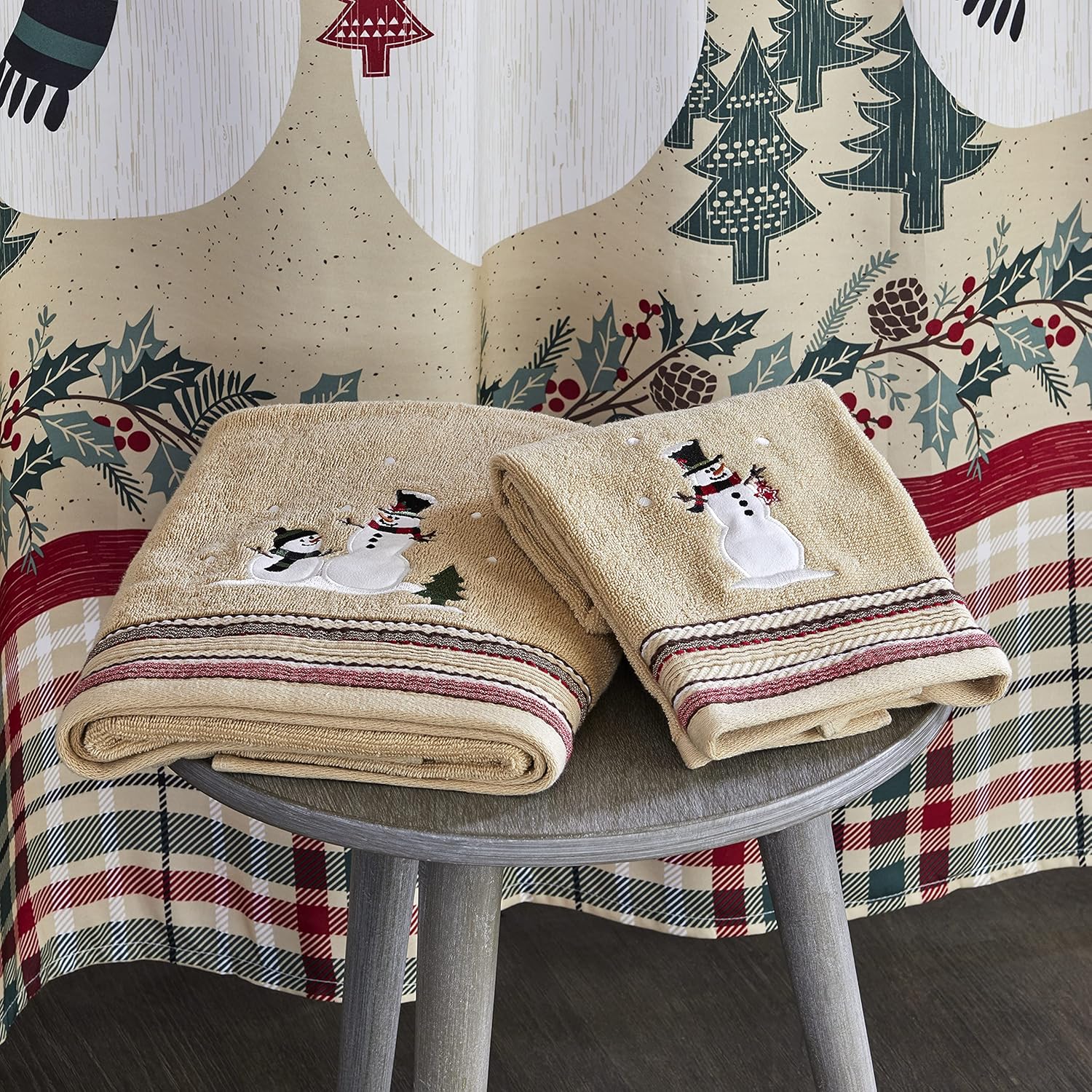 SKL Home Christmas/Winter Rustic Plaid Snowman Shower Curtain, Multi