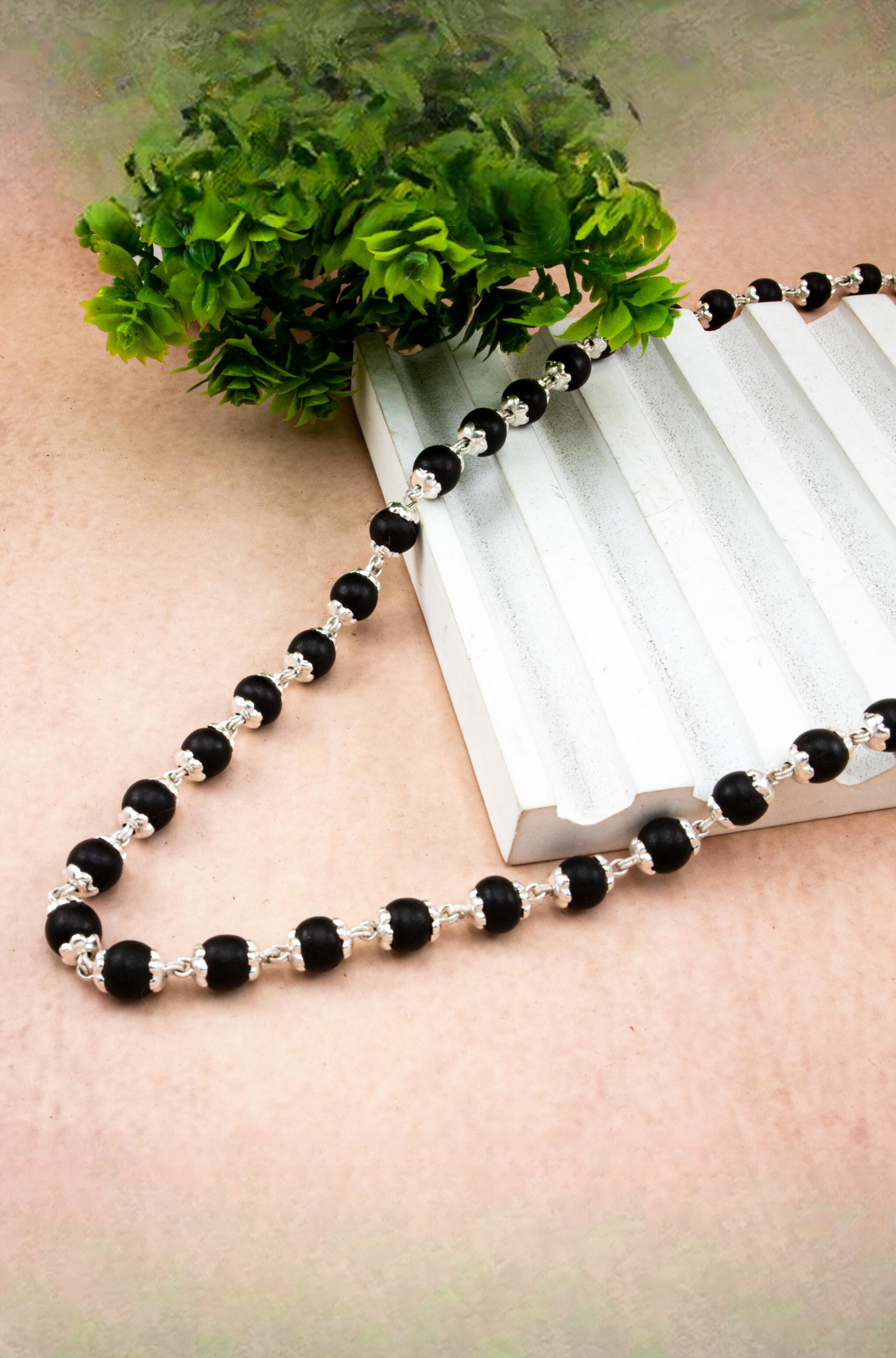925 Silver Karungali Malai Plain Cap Dual Silver Wire Ebony Wood Mala BIS Hallmark Stamped (6-7 MM Beads, 24 Inches)For Unisex Adult