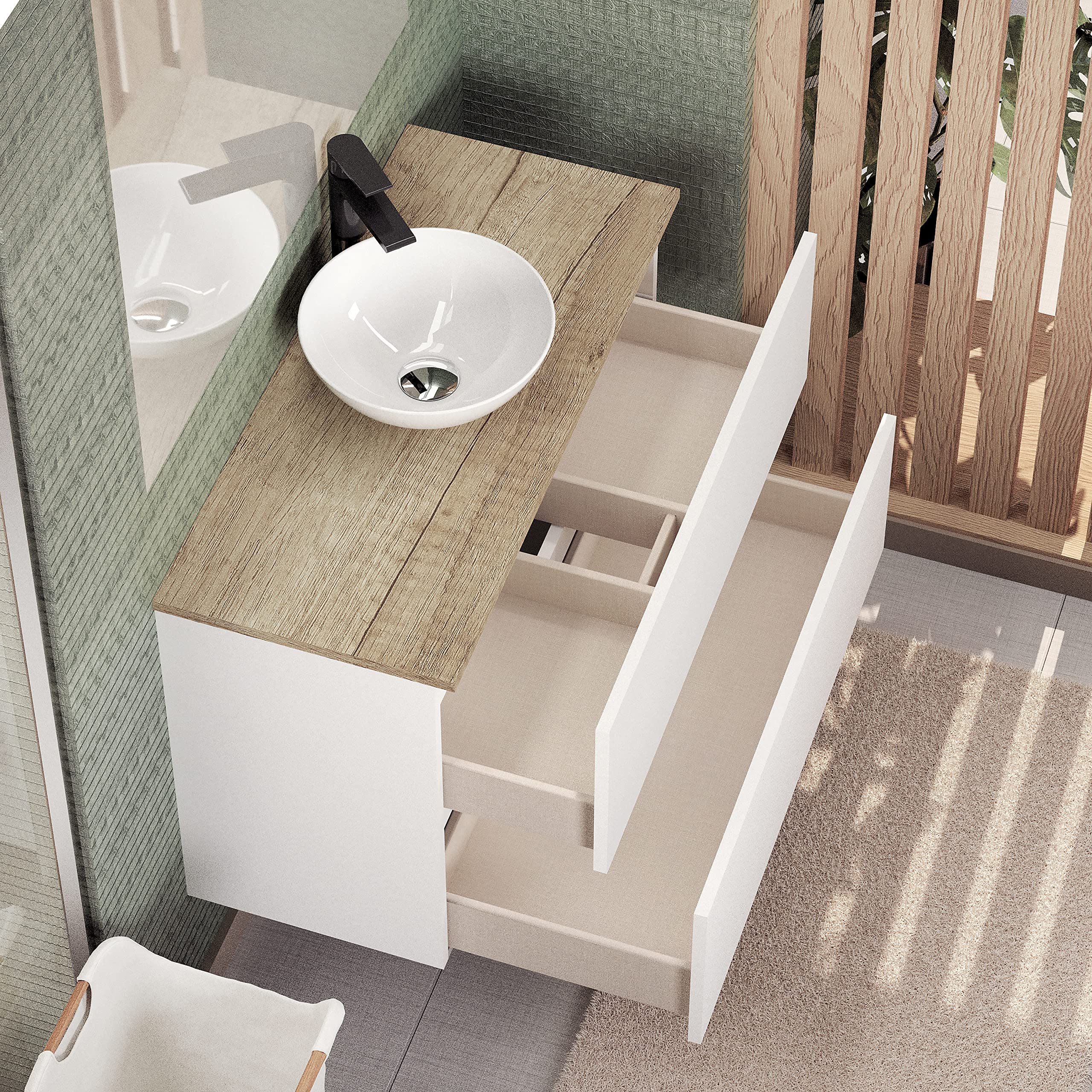Baikal Conjunto de Mueble de Baño Ness, Especial para baños pequeños. Mueble de Fondo Reducido en 36cm, Incluye Lavabo Cerámico. Mueble MONTADO. Dos Cajones 80 cm Blanco
