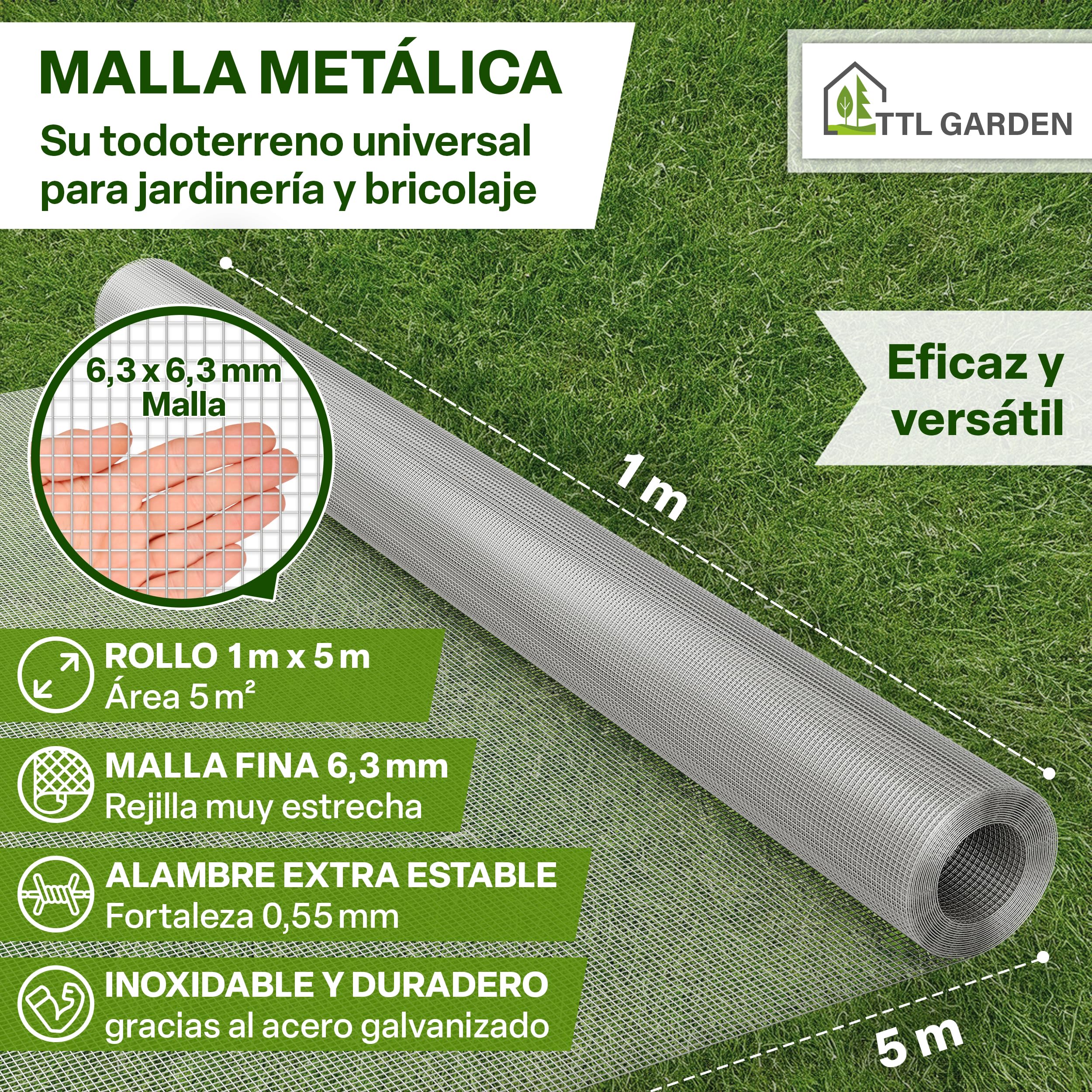 TTL GARDEN 1 m x 10 m, malla fina galvanizada, malla de 6,3 mm, grosor de alambre de 0,55 mm – en rollo de malla de alambre para aviarios, malla para conejos, 10 m x 1 m de ancho, ancho de malla de