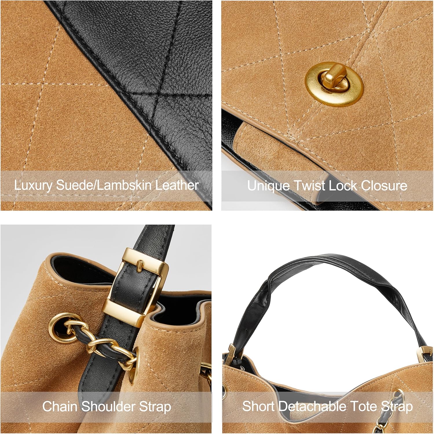 DORIS&JACKY Quilted Suede Tote Bag for Women, Designer Lambskin Satchel Shoulder Purse and Handbags with Chain Strap - Image 3