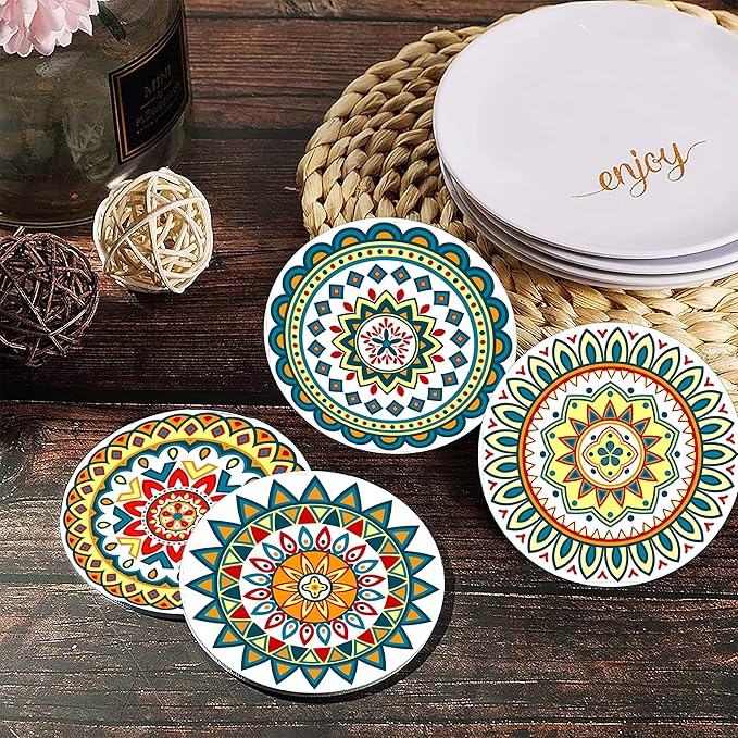NSXEEN Set of 4 Tea Coffee Coaster with Rajasthani Art Vinyl Printed