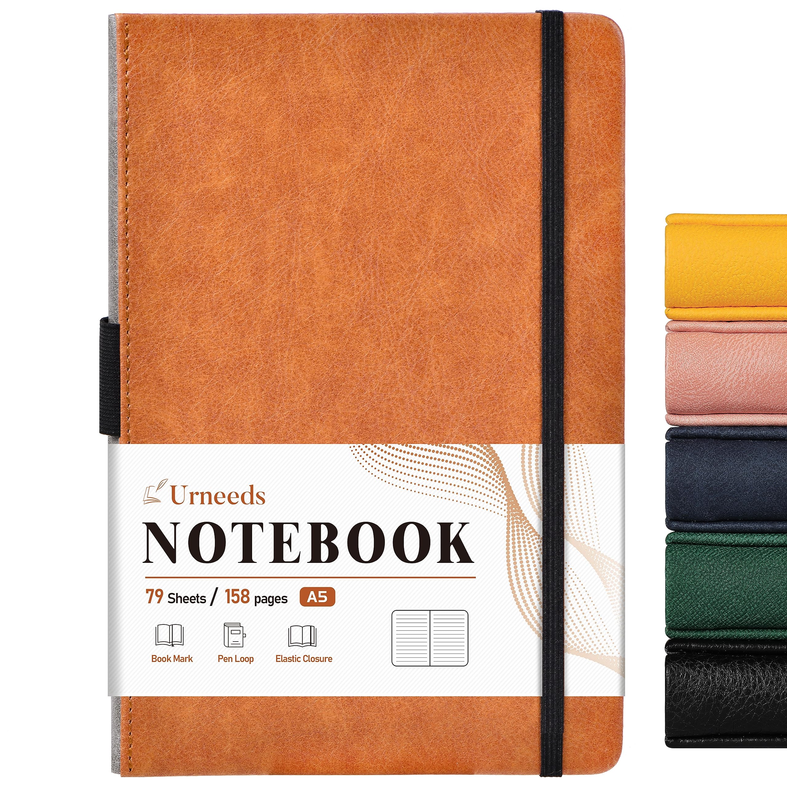 Urneeds Notebook - Notebook for Work with Inner Pocket, Hardcover Writing Notebook with Page Dividers Gifts, Book Mark + 158 Pages + Pen Loop, 8.4 x 5.7 in, Ruled Notebook Suits for Journal - Brown