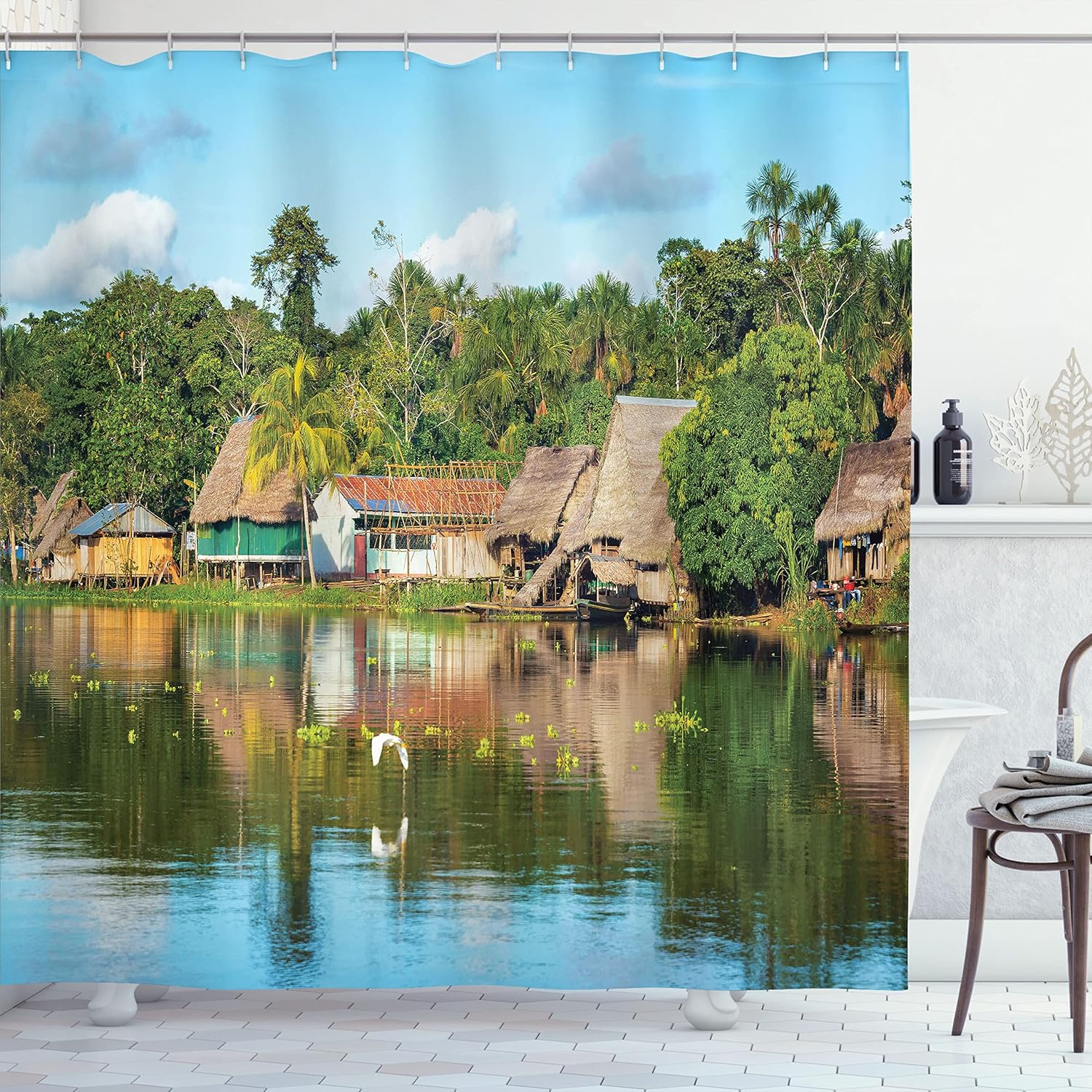 Ambesonne Landscape Shower Curtain, Tropical Amazonian Riverside Village Huts Palm Trees Sunny Day Clouds Bird Forest, Cloth Fabric Bathroom Decor Set with Hooks, 69" W x 75" L, Pale Sepia