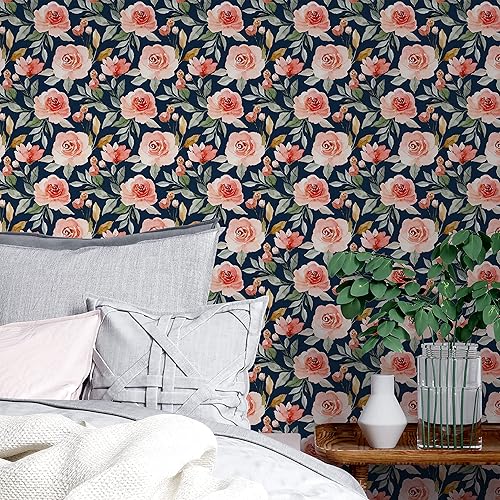 Miniatura 4 de UniGoos Papel tapiz floral con fondo azul marino, autoadhesivo, extraíble, acuarela, flores, vinilo, papel de pared para estantería, encimera,