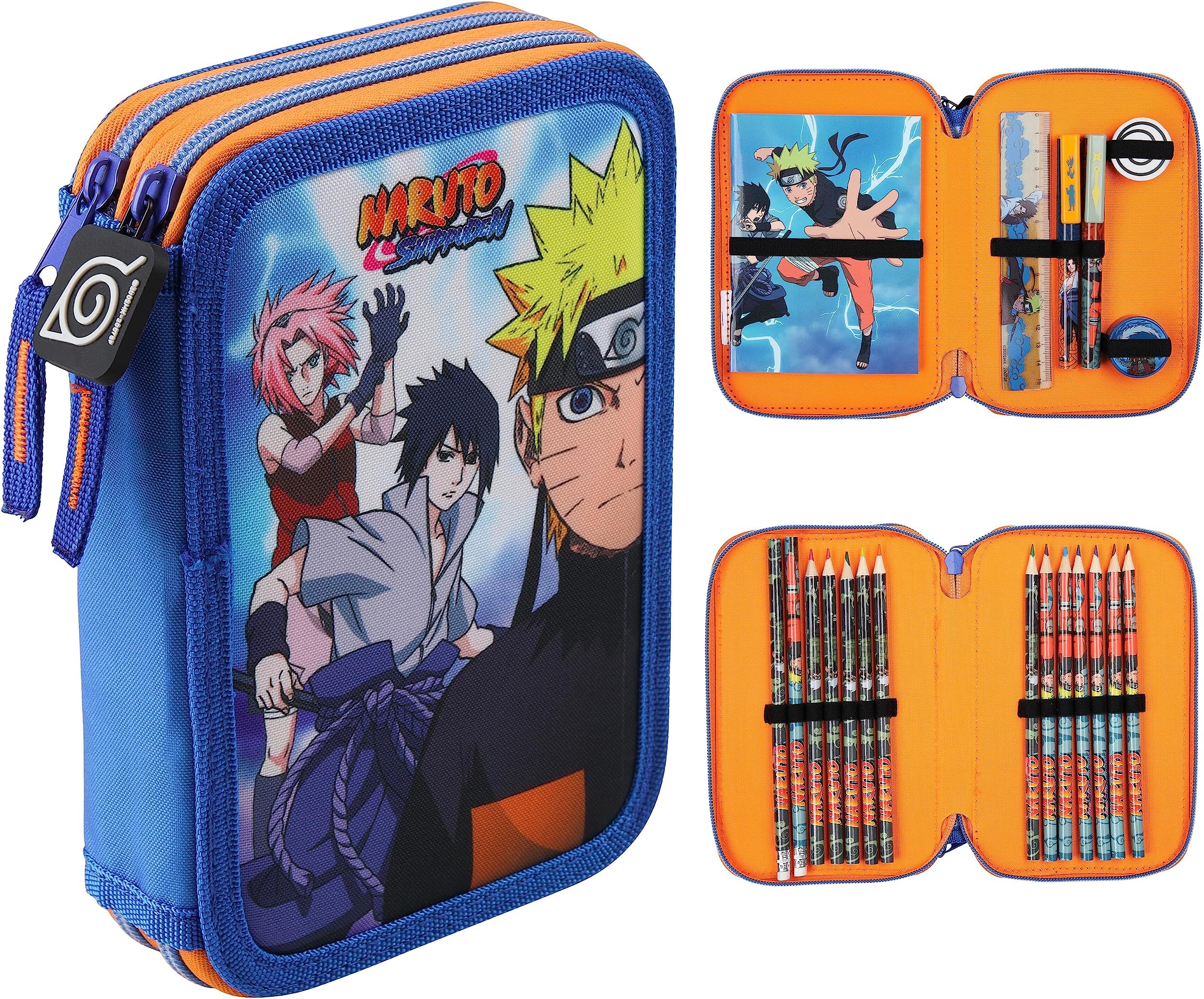 Naruto Pencil Case with Stationery Included School Supplies Filled Large Pencil Case 2 Compartments Colouring Pencils Mini Notebook Boys Stationery Set Anime Gifts for Boys