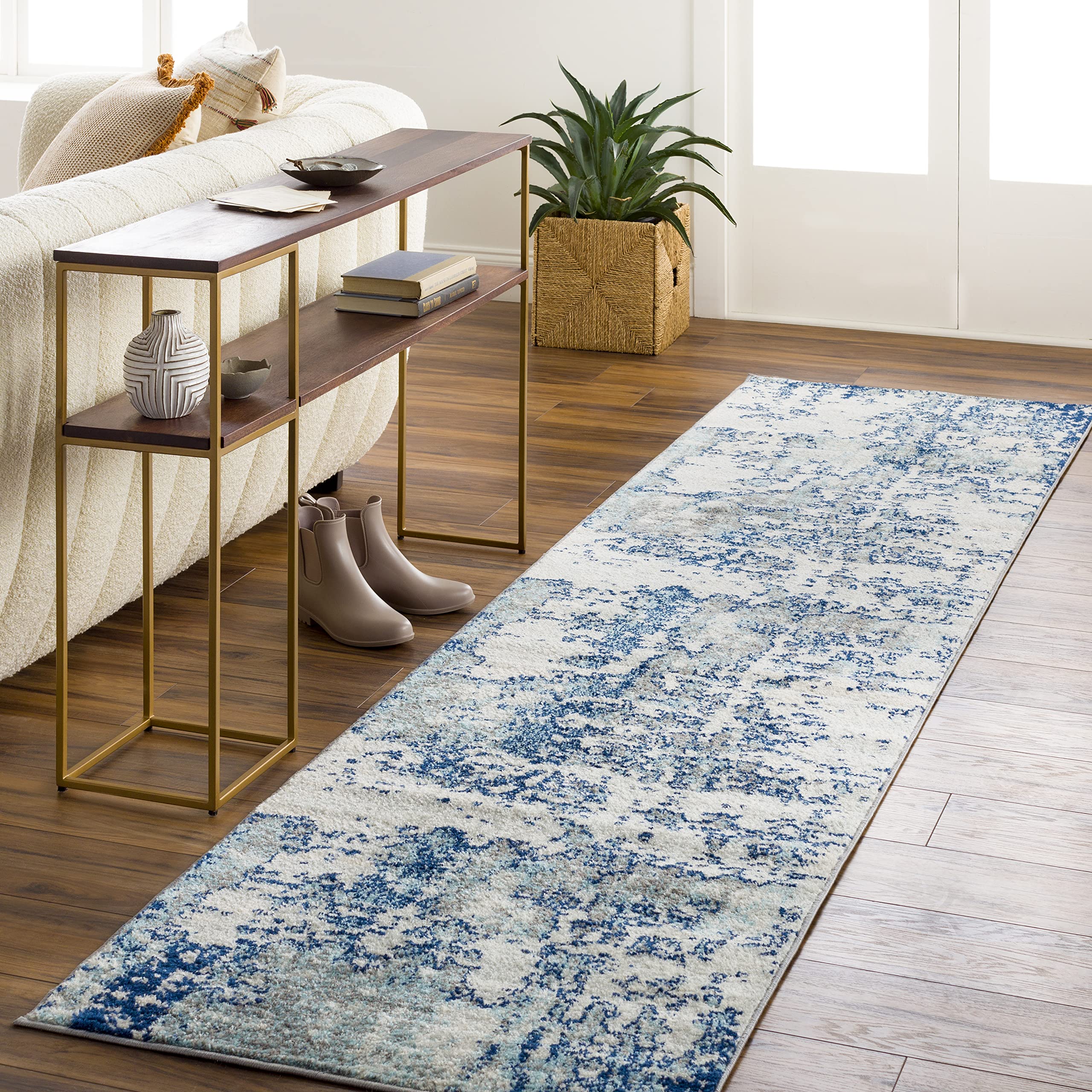Livabliss Area Rugs - 3x10 Arti Modern Abstract Blue Runner Rug for Living Room Bedroom - Aqua Gray White Marble Pattern Stain Resistant Carpet for