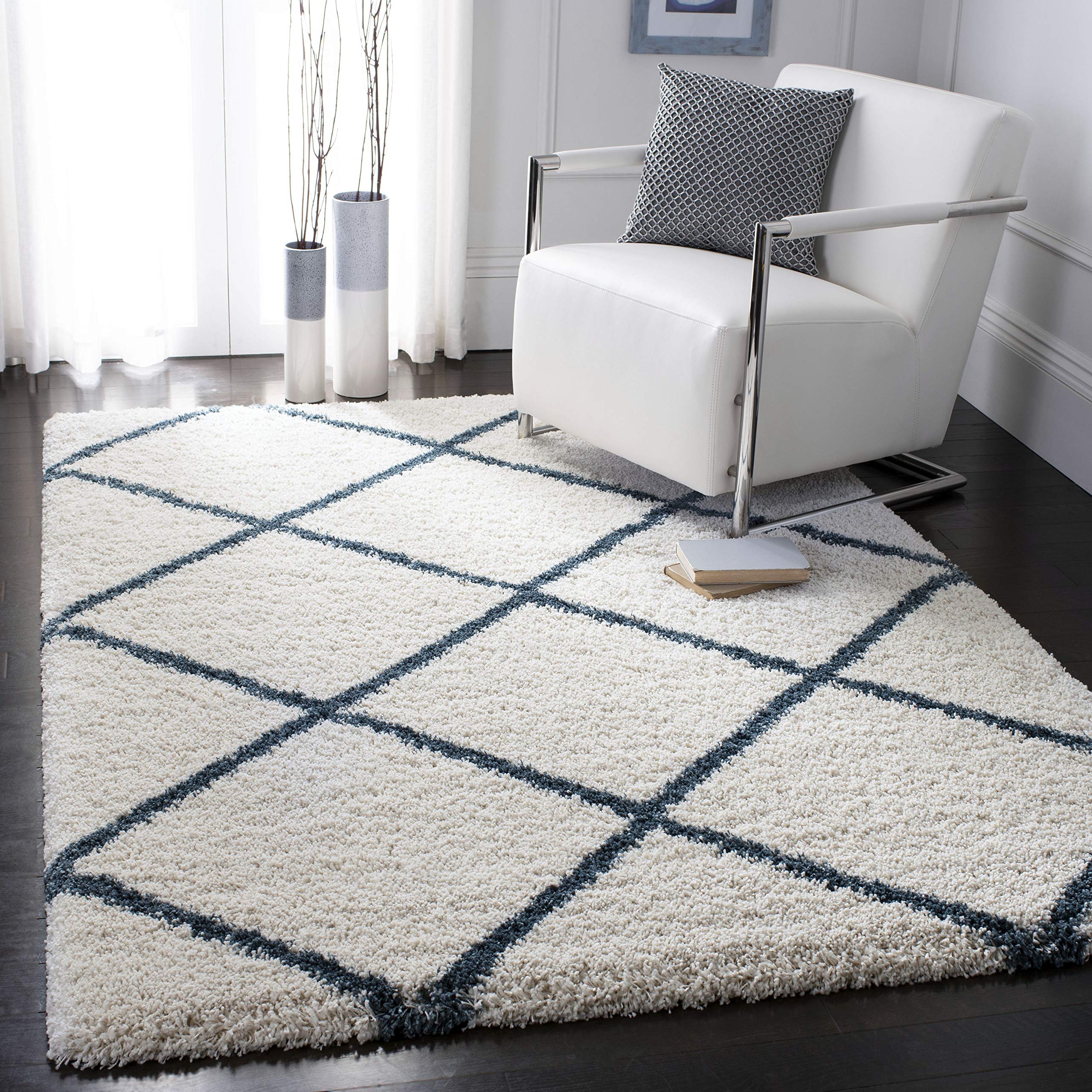 SAFAVIEH Hudson Shag Collection Area Rug - 6' x 9', Ivory & Slate Blue, Modern Trellis Design, Non-Shedding & Easy Care, 2-inch Thick Ideal for High