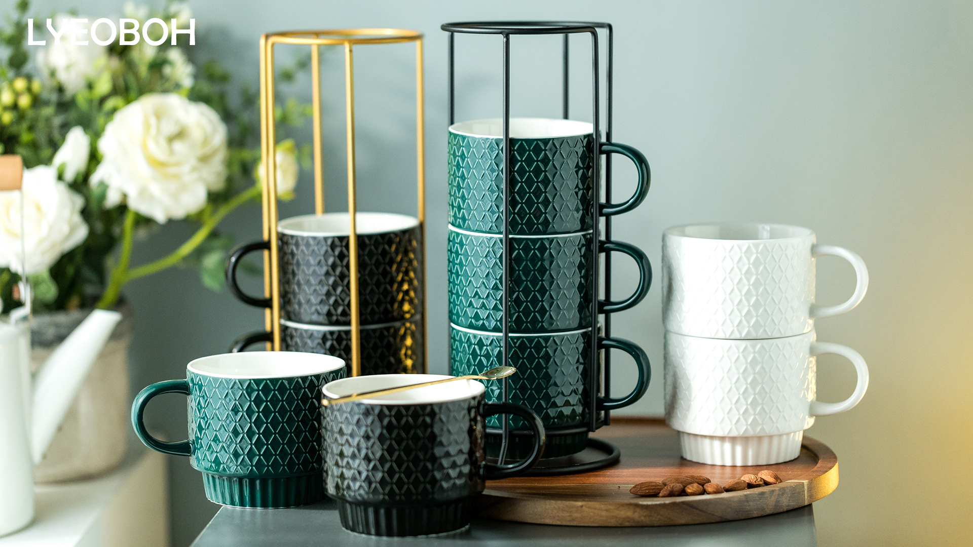 Hasense Lot De 4 Tasses à Café Empilables En Céramique