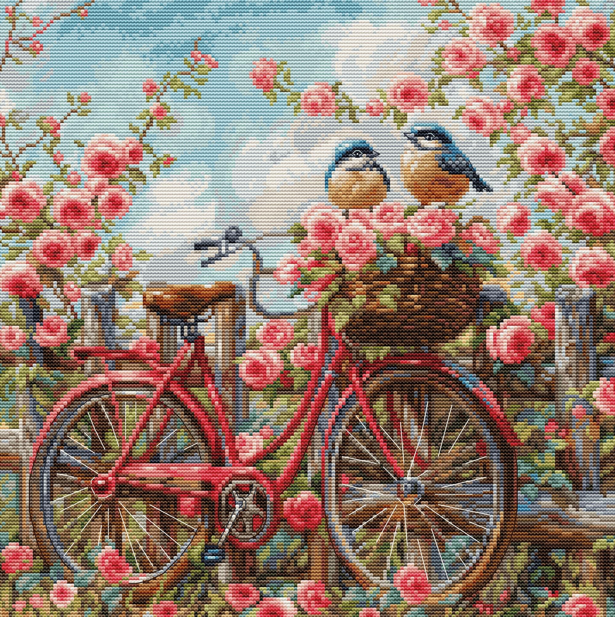 Luca-S Forest Animals Cross Stitch Kit Gold - Bicycle With Roses, Bu5061, Counted Cross Stitch Kit For Adults, Needlecraft And Embroidery Kit
