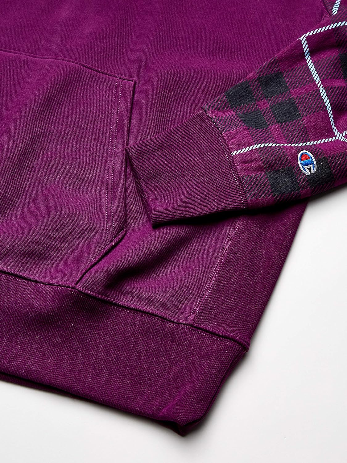 Champion Men's Reverse Weave Po Hood-Plaid Sleeves AOP