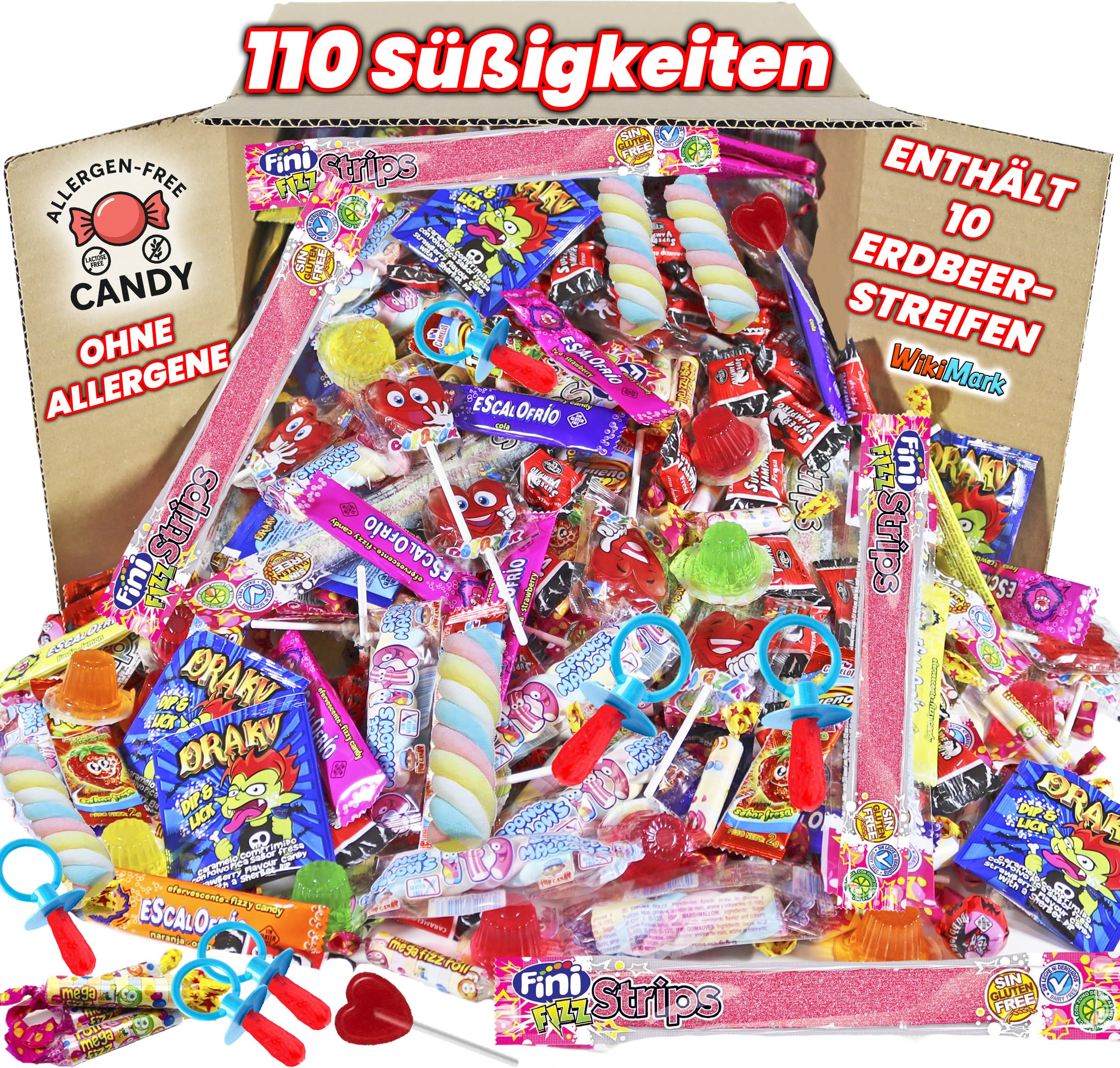Megabox mit 110 Süßigkeiten ohne Allergene, Bonbons und Bonbons – perfekt für Geburtstage, Partys, Weihnachten, Halloween. Glutenfrei und laktosefrei. Enthält Erdbeerzungen.
