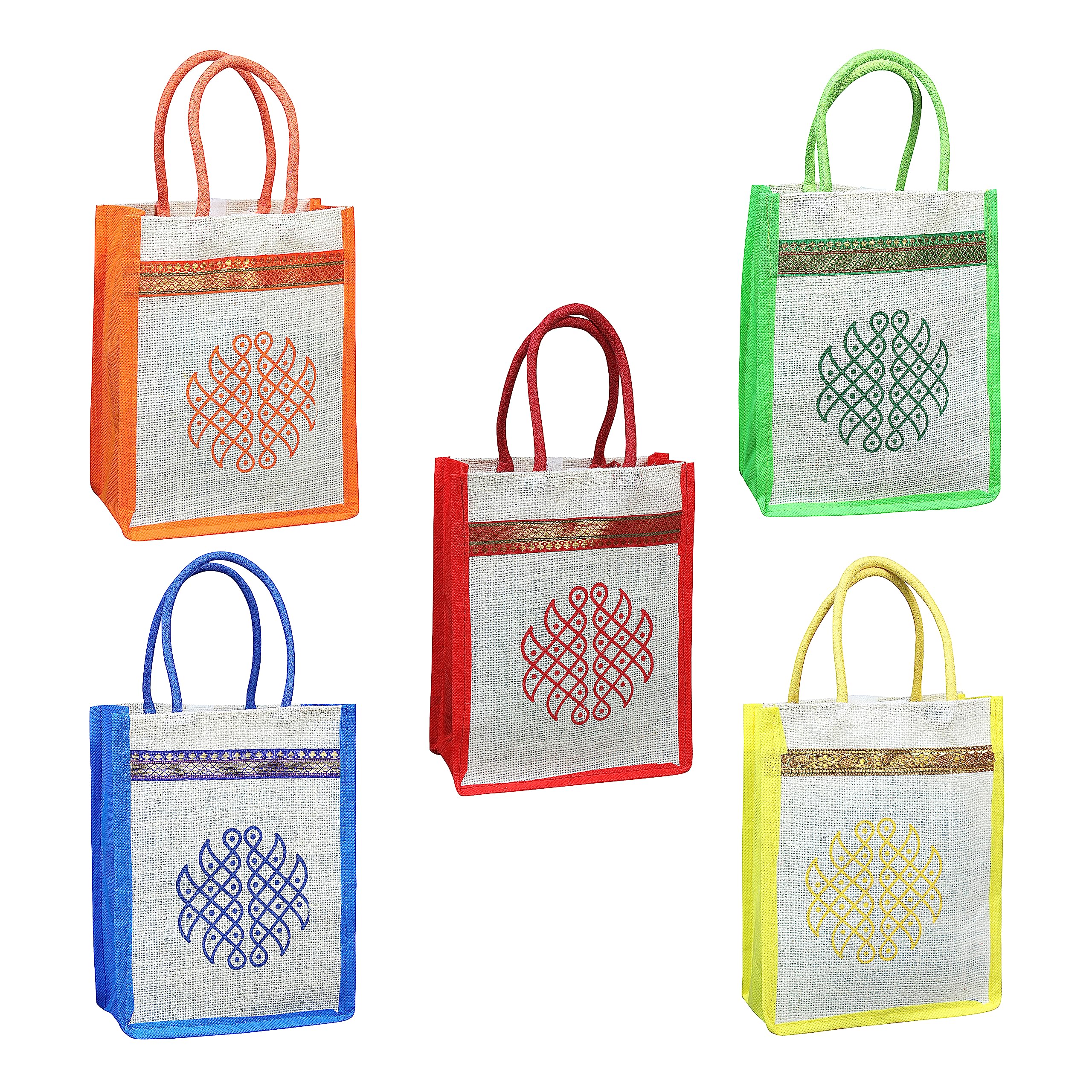 Eco-Friendly Jute Bags with Rangoli Print - 10" x 8" - Beach & Reusable Bag