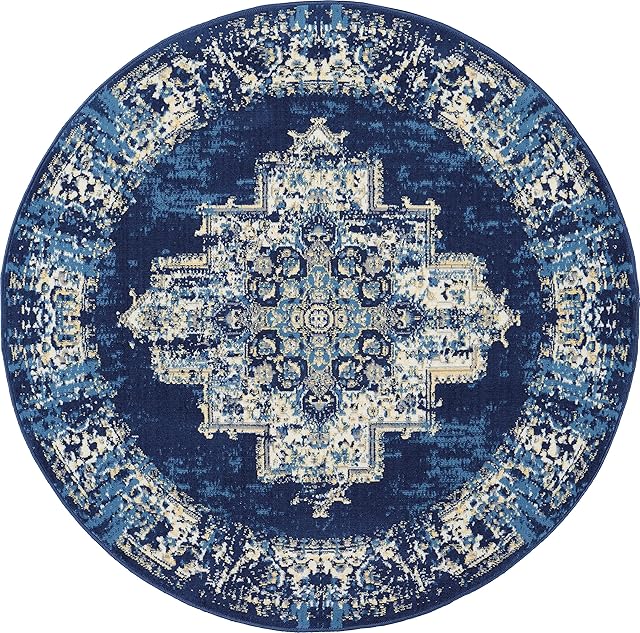 Nourison Grafix Traditional Navy Blue 4' x Round Area Rug, Easy Cleaning, Non Shedding, Bed Room, Living Room, Dining Room, Kitchen (4 Round)