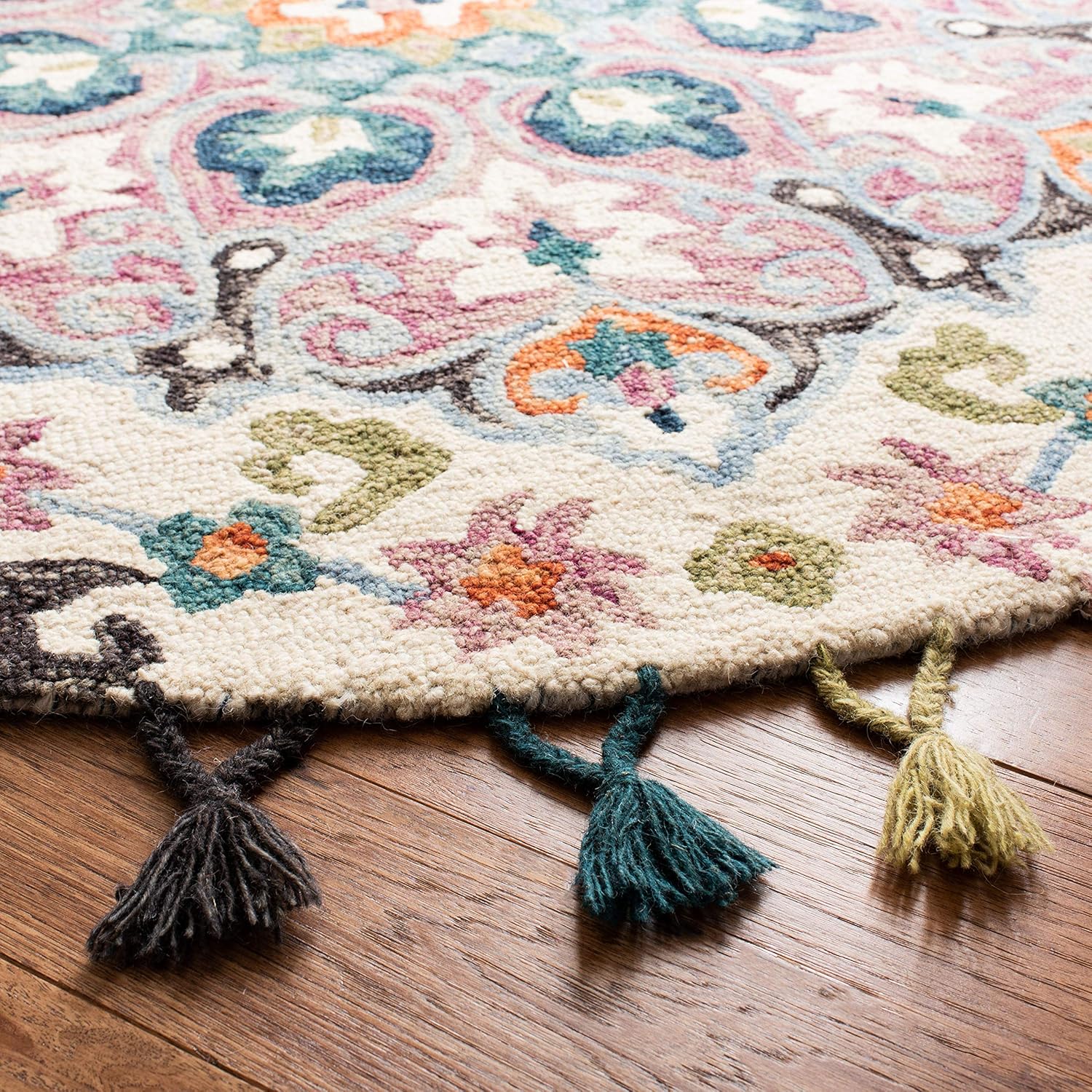 SAFAVIEH Novelty Collection Area Rug - 3' Round, Pink & Blue, Handmade Boho Floral Tassel Wool, Ideal for High Traffic Areas in Living Room, Bedroom (NOV576M)
