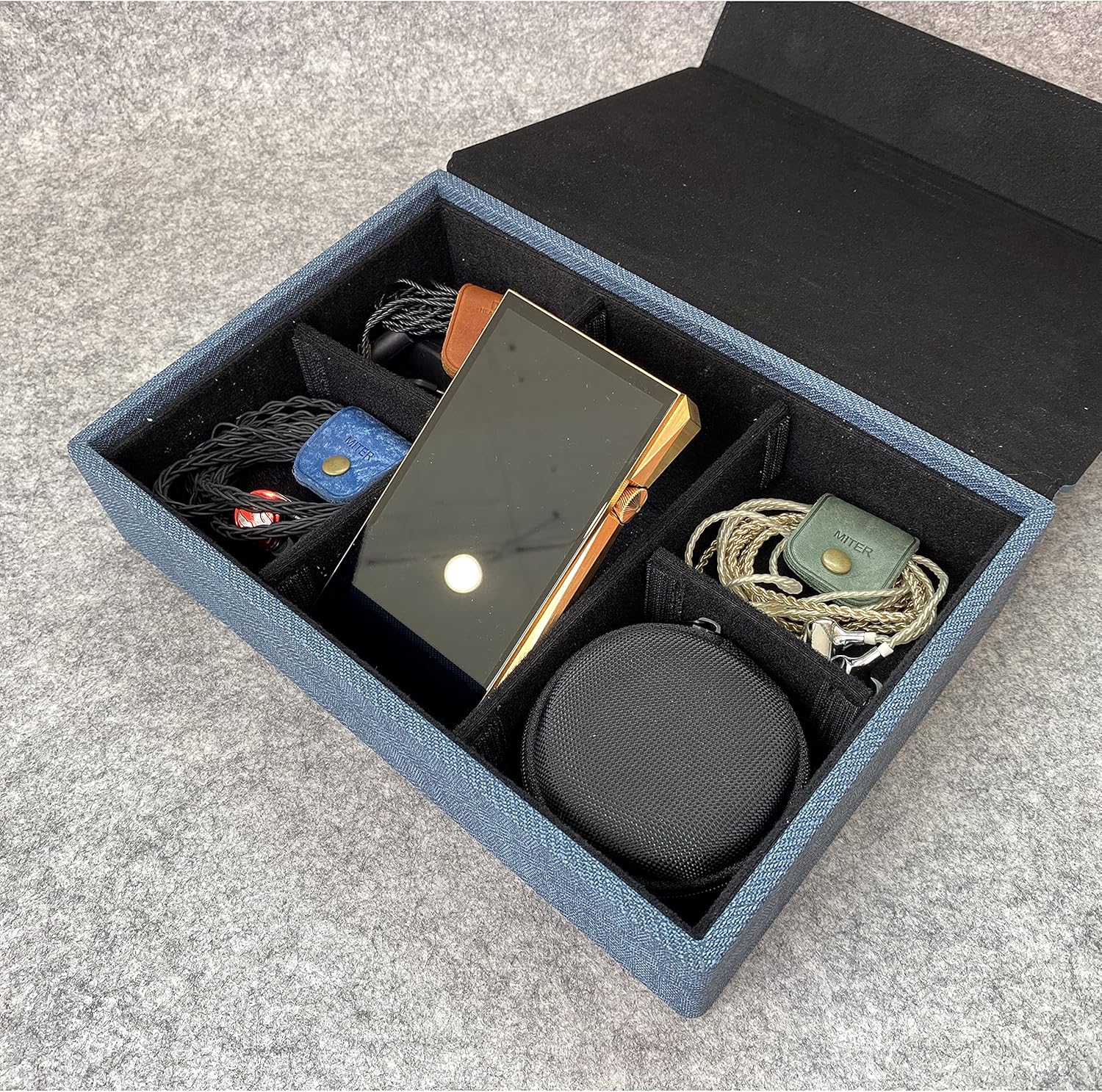 Miter Multi Carrying Case for 6 Earphones or 1 Music Player + 4 IEM Earphones, Handmade Italy PU Leather Hard Cover Storage Box (Multi Carrying Case-Black)