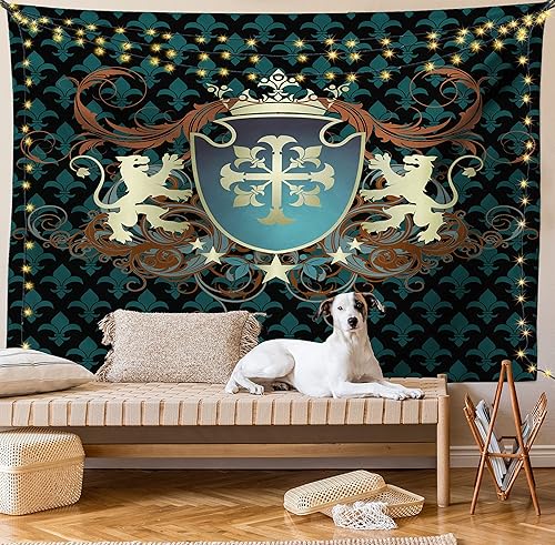 Miniatura 9 de Ambesonne Tapiz medieval, diseño heráldico del escudo de armas de la Edad Media, leones y remolinos, colgante de pared ancho para dormitorio, sala