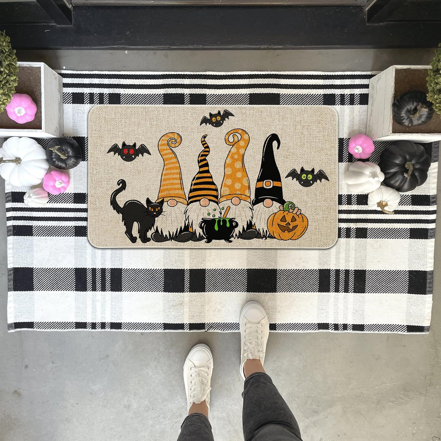 Mloabuc Halloween Gnome Bat Non Slip Rubber Backing Entrance Mats, Fall Indoor Outdoor Door Rug 17 x 30 Inch