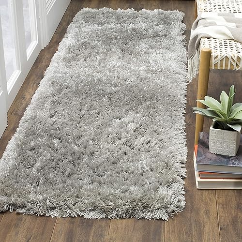 SAFAVIEH Polar Shag Collection - Alfombra para pasillo, 2 pies 3 pulgadas x 12 pies, color plateado, diseño glamour sólido, no desprende pelusa y de