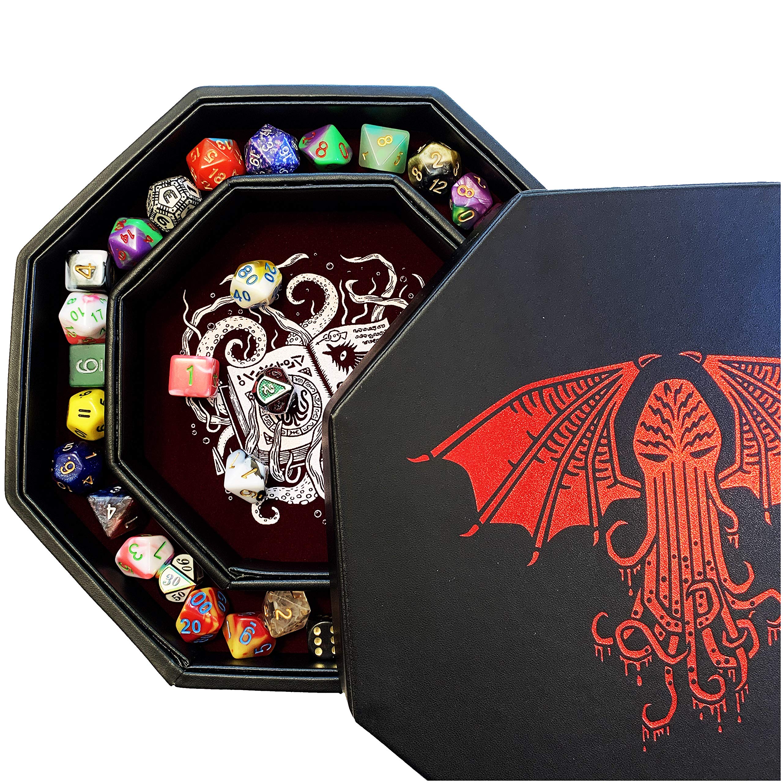 Fantasydice-Cthulhu Tome-RED- Dice Storage and Rolling Tray - 20CM Octagon with Lid and Dice Staging Area- Holds 5 Sets(7 Dice Set/Standard) for All Tabletop RPGs