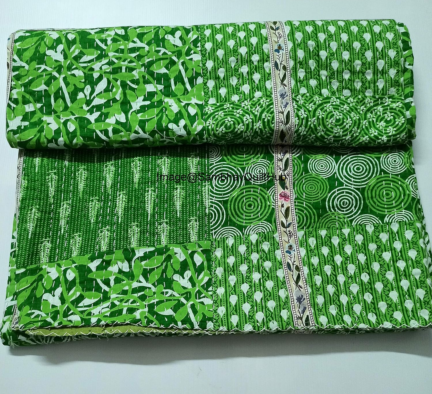 Green Indigo Print Less Cotton Handmade Handblock Quilted Blanket Indian Cottodspread Kantha Indigo Print Work Bohemian Bed Decor Block Throw Blanket Twin/King/Queen (60X90 inch)