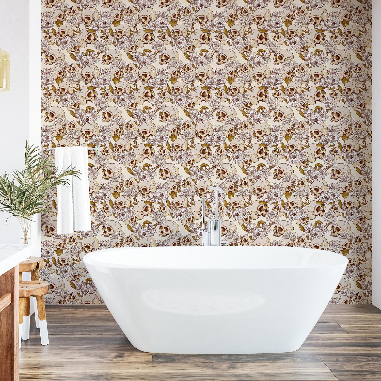 Ambesonne Old School Peel & Stick Wallpaper for Home, Gothic Vibe American Traditional Skull and Flowers Vintage Art, Self-Adhesive Living Room Kitchen Accent, 13" x 100", Pale Camel Fawn and Eggshell