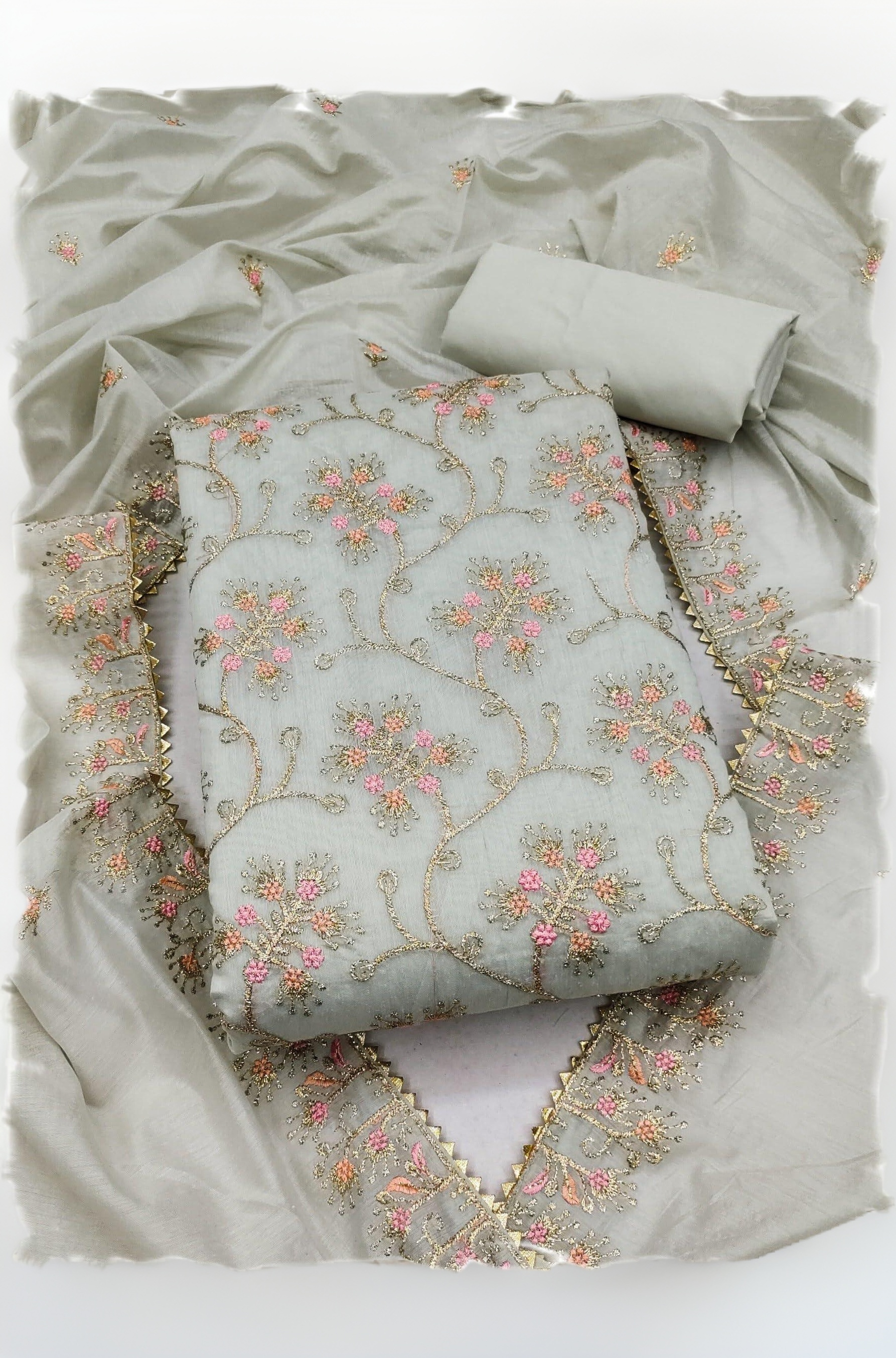 Pandadi Saree Women's Chanderi Silk Kashmiri Embroidery Work Unstitched Salwar Suit Dress Material