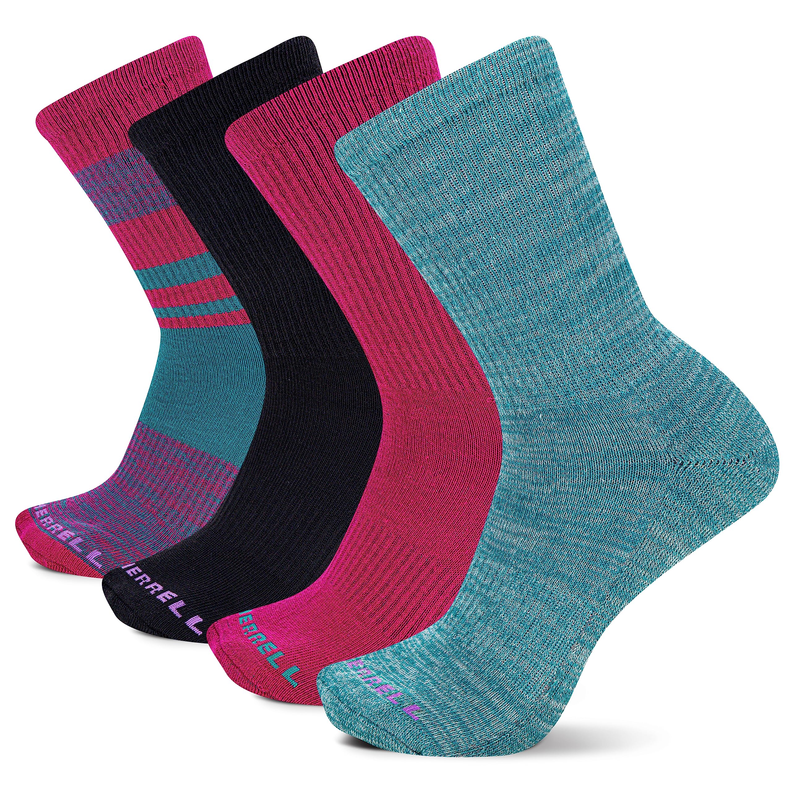 Merrell Men's and Women's Cushioned Midweight Crew Socks-4 Pair Pack-Moisture Management and Anti-Odor, Pink Assorted (4 Pairs), Small-Medium
