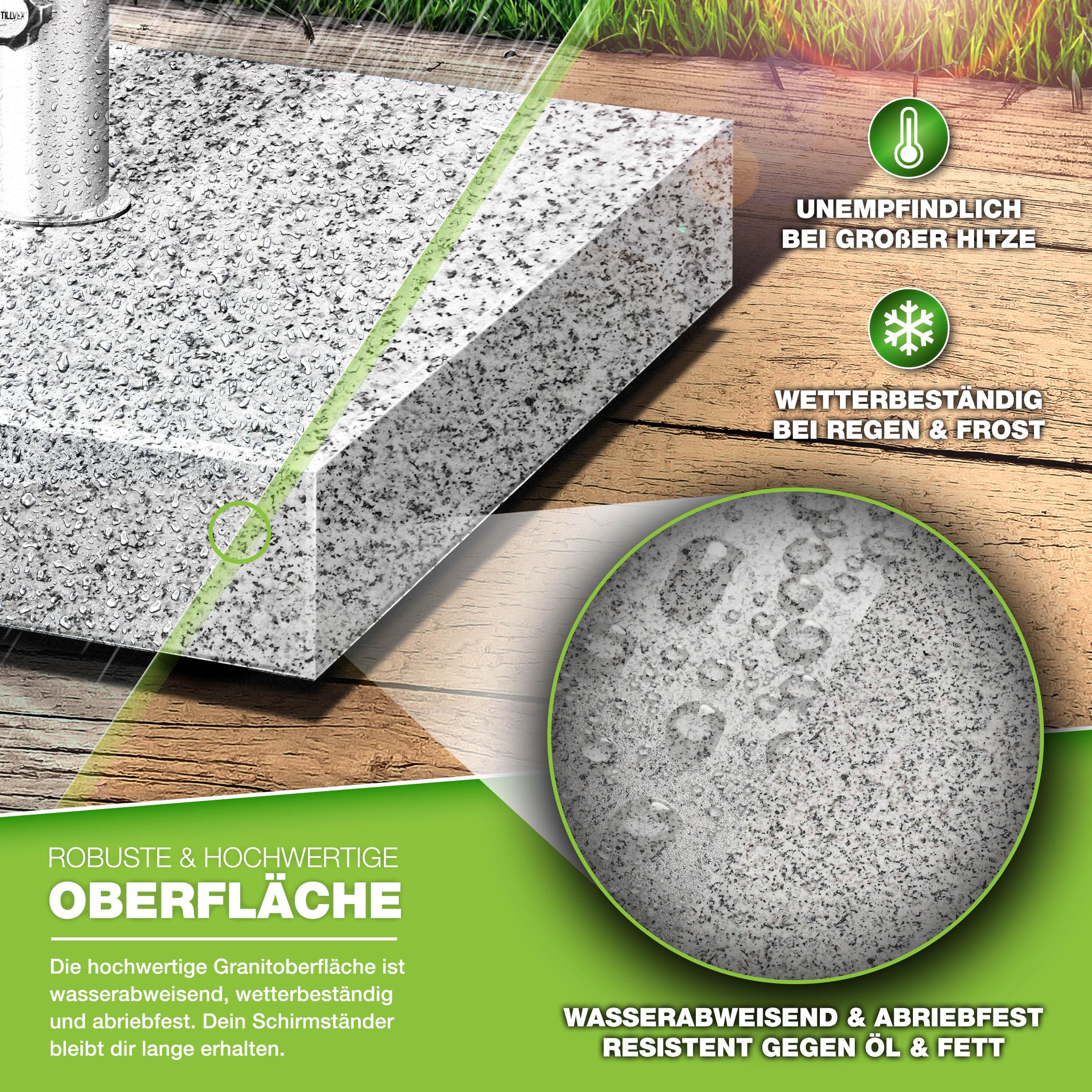 tillvex® Granit Sonnenschirmständer mit Edelstahlrohr | Schirmständer Sonnenschirm für Schirmstöcke 16-48mm & 300cm Schirmdurchmesser mit Transportgriff (Grau, Eckig mit Trolley-Griff)