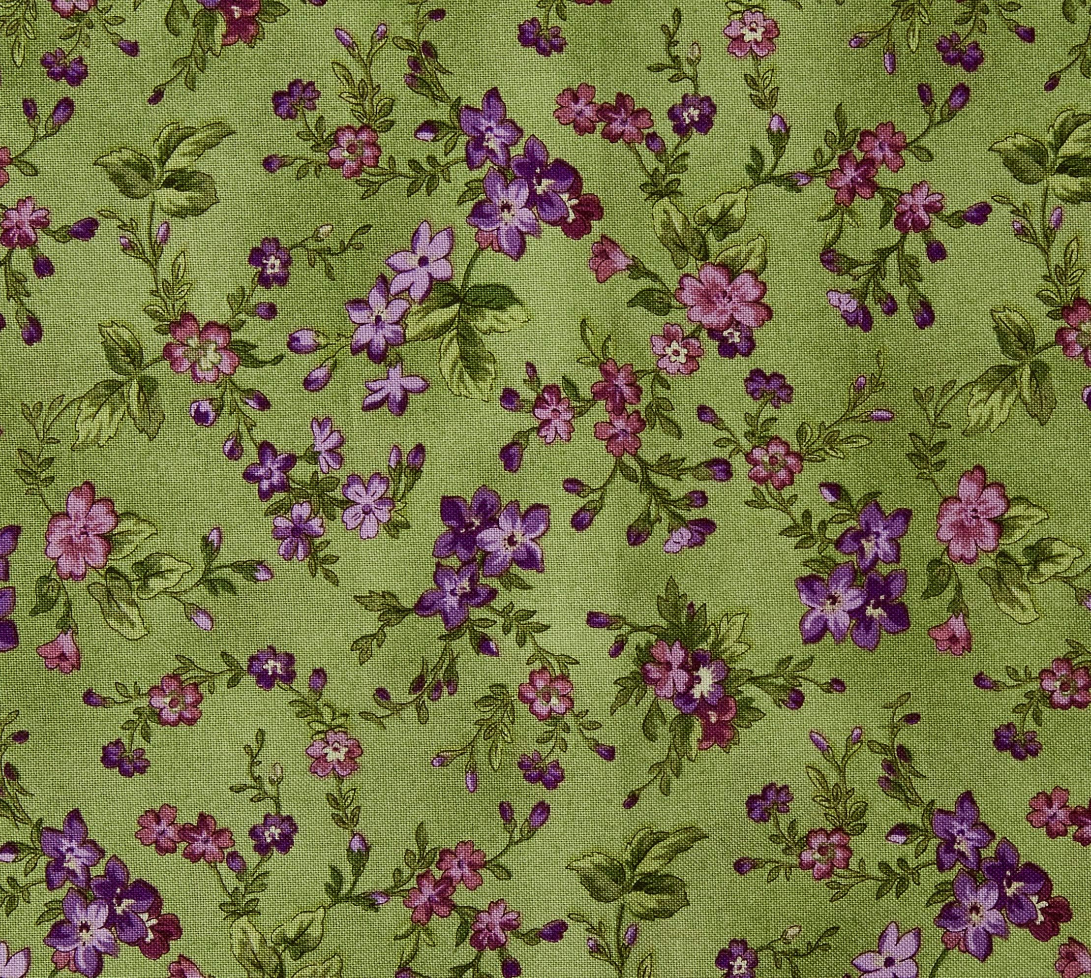 Maywood Studio Aubergine Trailing Flowers Fabric, Green, Fabric By The Yard