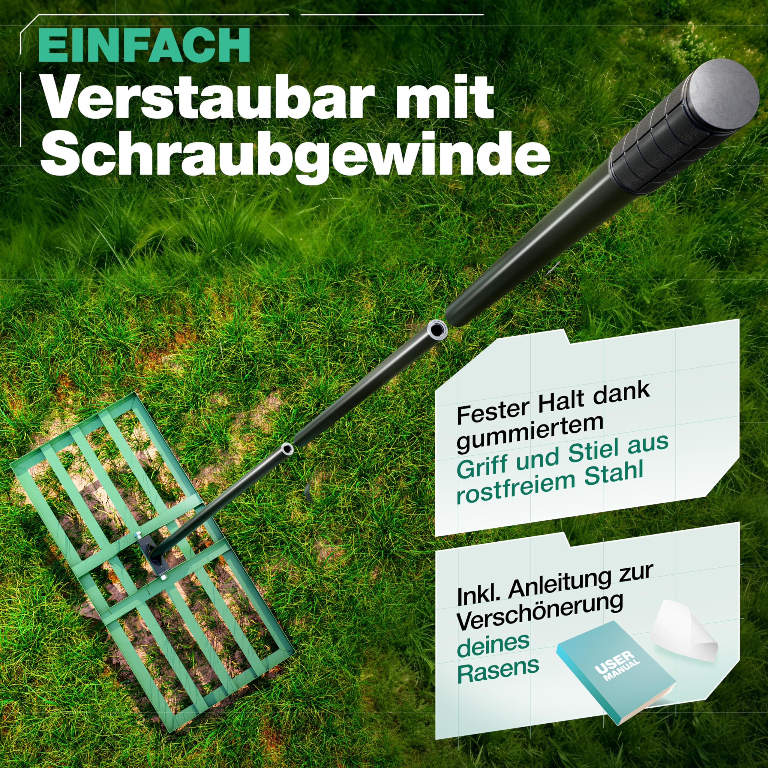 SMABIX® Rasenrakel 75x35cm mit Metallstiel Nivellierrechen Leveling Rake