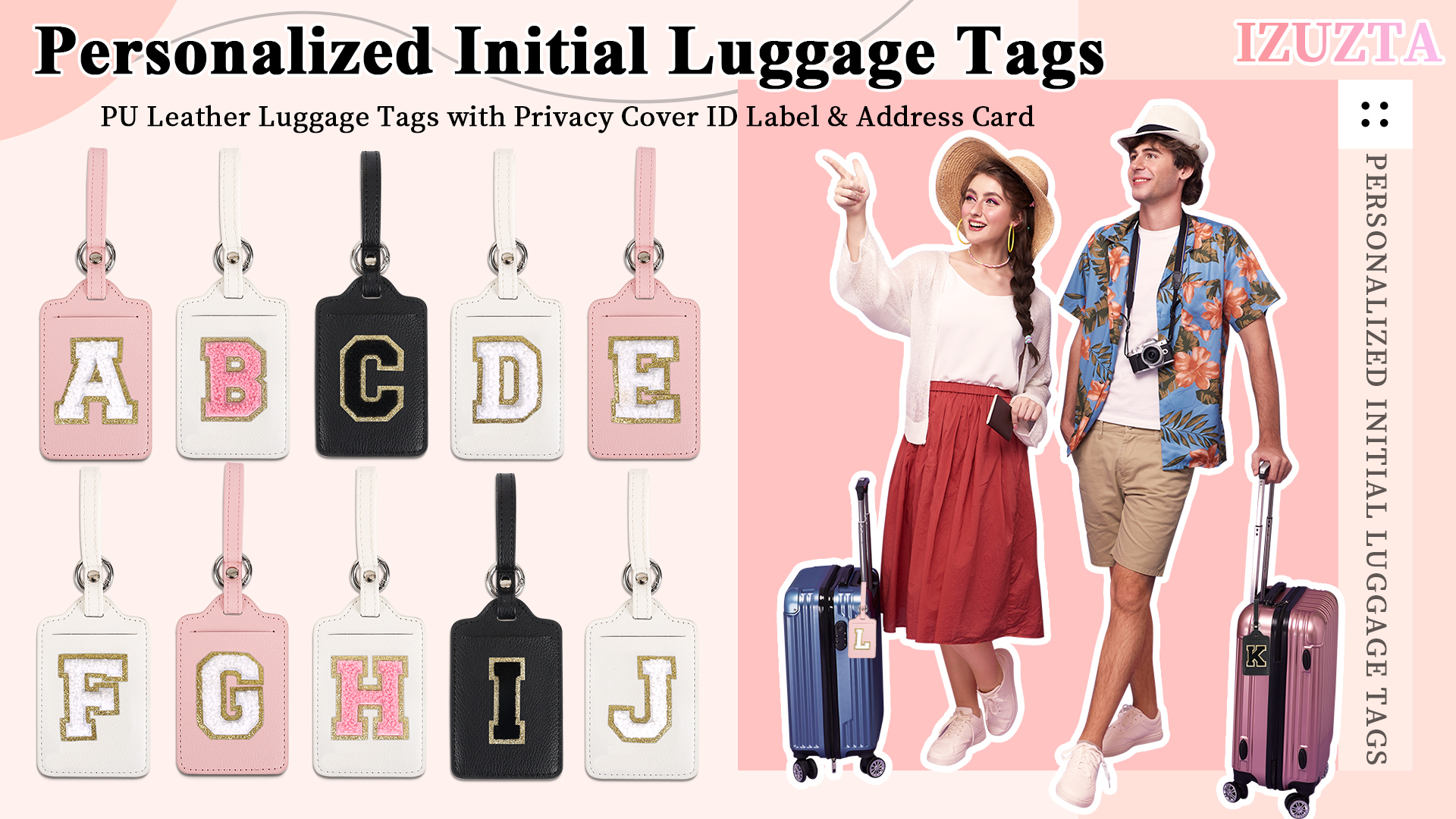 2 Pack Personalized Initial D Luggage Tag | PU Leather With Privacy Cover, Monogrammed Travel Bag Tag For Suitcases & Bags