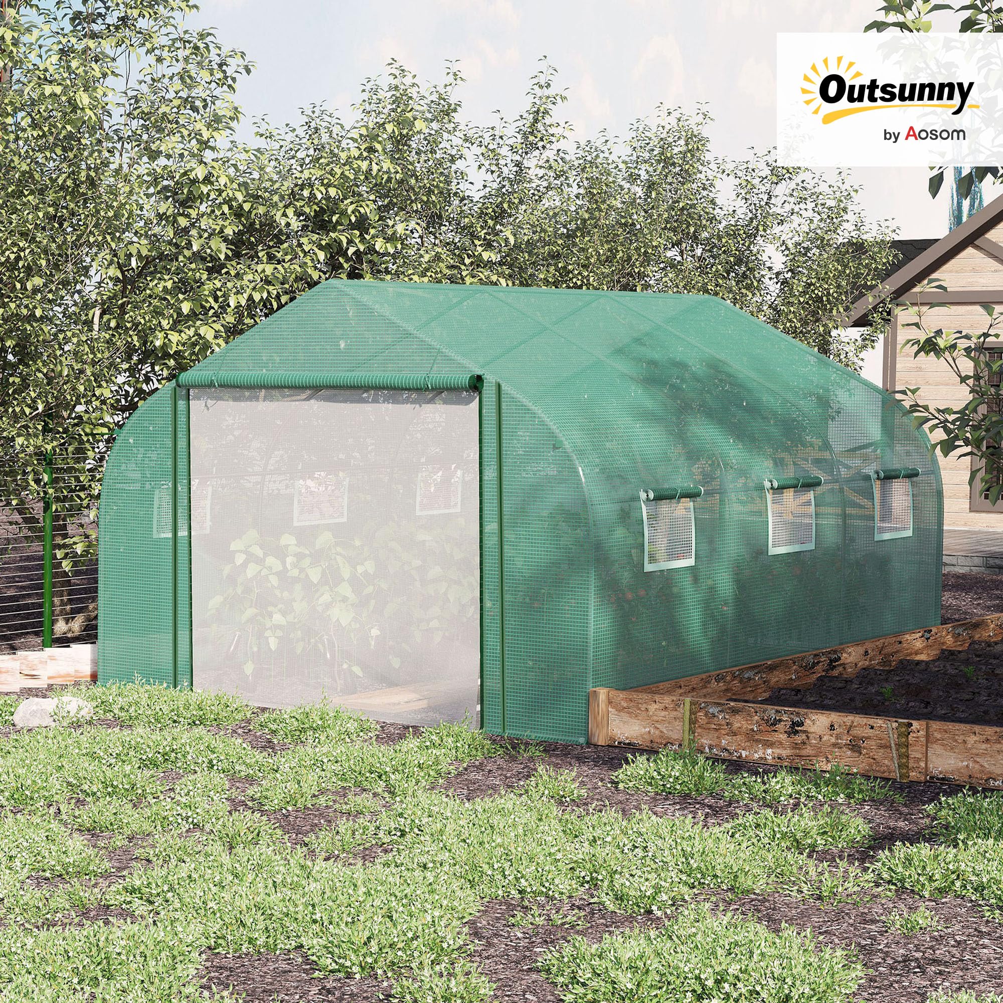 Outsunny Invernadero de Túnel 3,5x3x2 m Invernadero de Jardín con Puerta y 6 Ventanas Enrollables de Polietileno PE 140 g/m² Metal Galvanizado para Cultivos Plantas Flores Verde