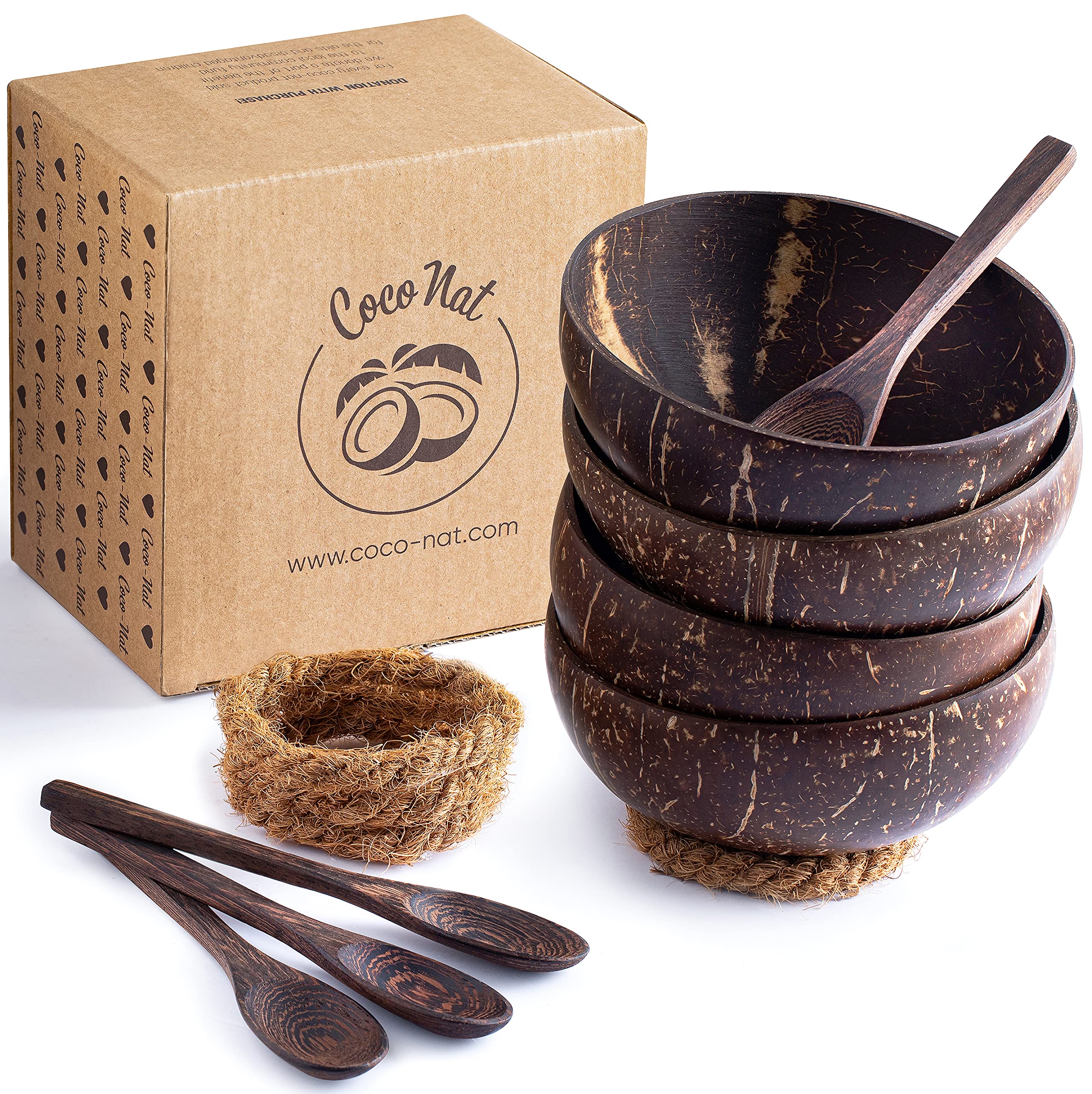 | Coconut Bowl Set with Spoons and Anti-Wobble Husk Rings | 100% Natural - Eco Friendly - Non Toxic & Reusable | Handmade Decorative Bowl Set Gift (4, Polished)