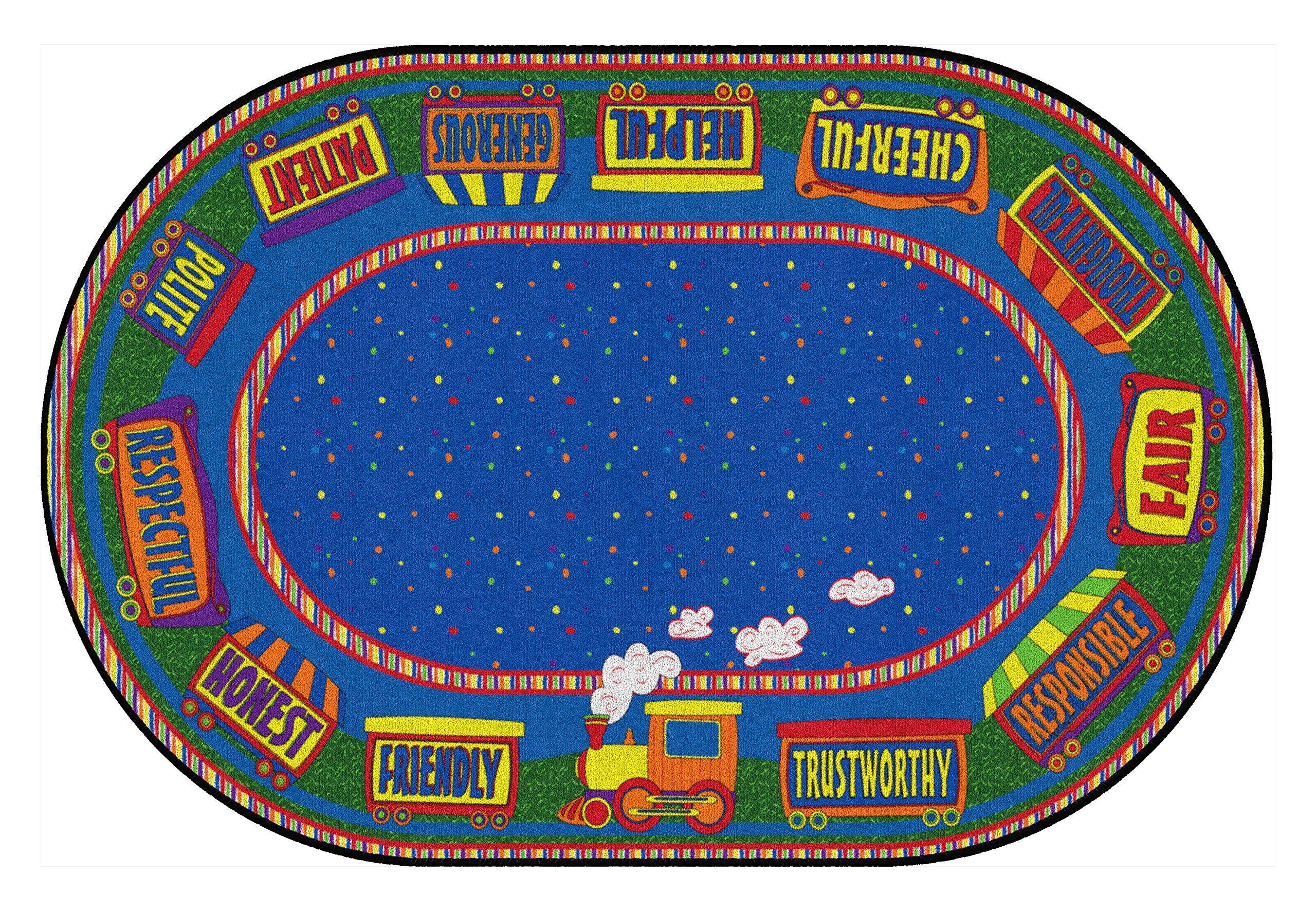Flagship Carpets The Good Friend Train Oval Rug for Nursery Room Mat, Home Learning Area, Kids Playroom, and Classroom Carpet, 4' x 6', Blue/