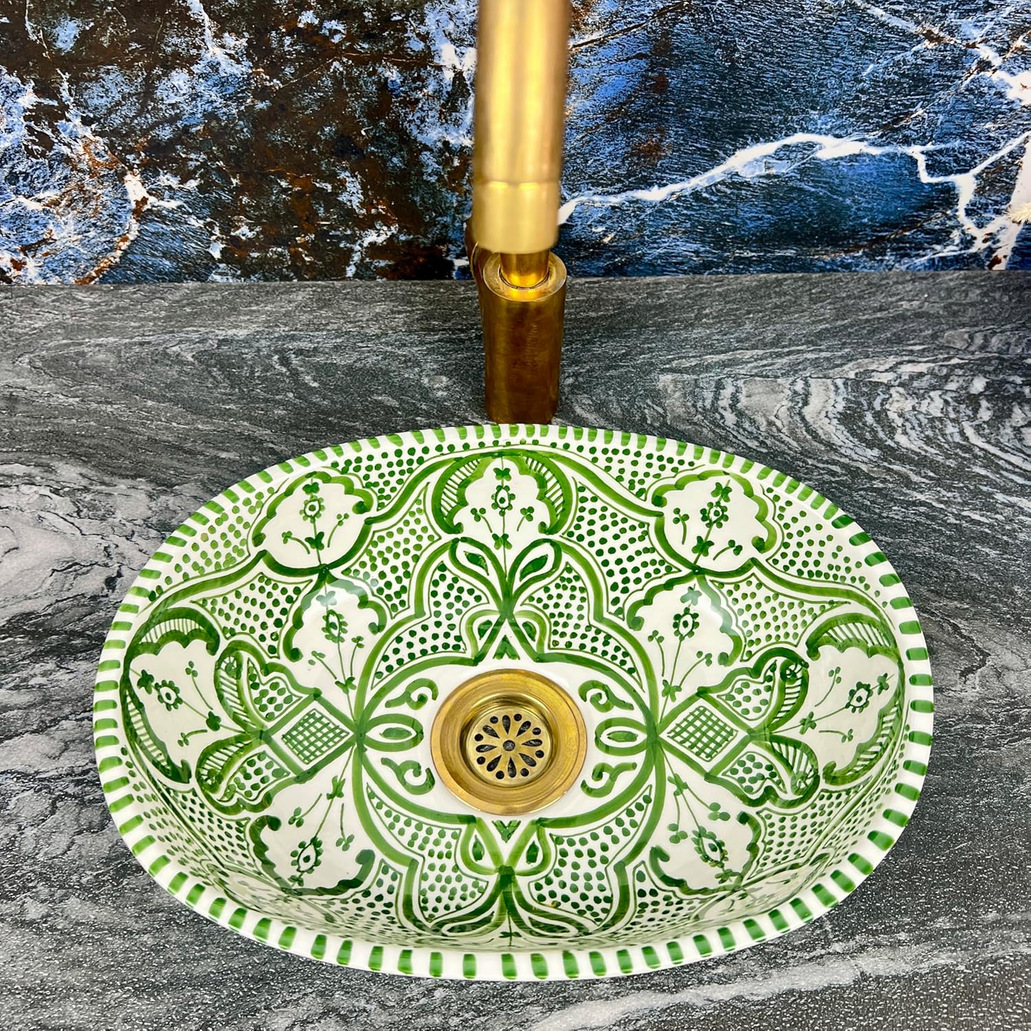 Handmade Moroccan Ceramic Vessel Sink - Blue & White Geometric Oval Countertop Basin - Coastal Mediterranean Style for Bathroom Vanity (40x30cm = 16x12in)